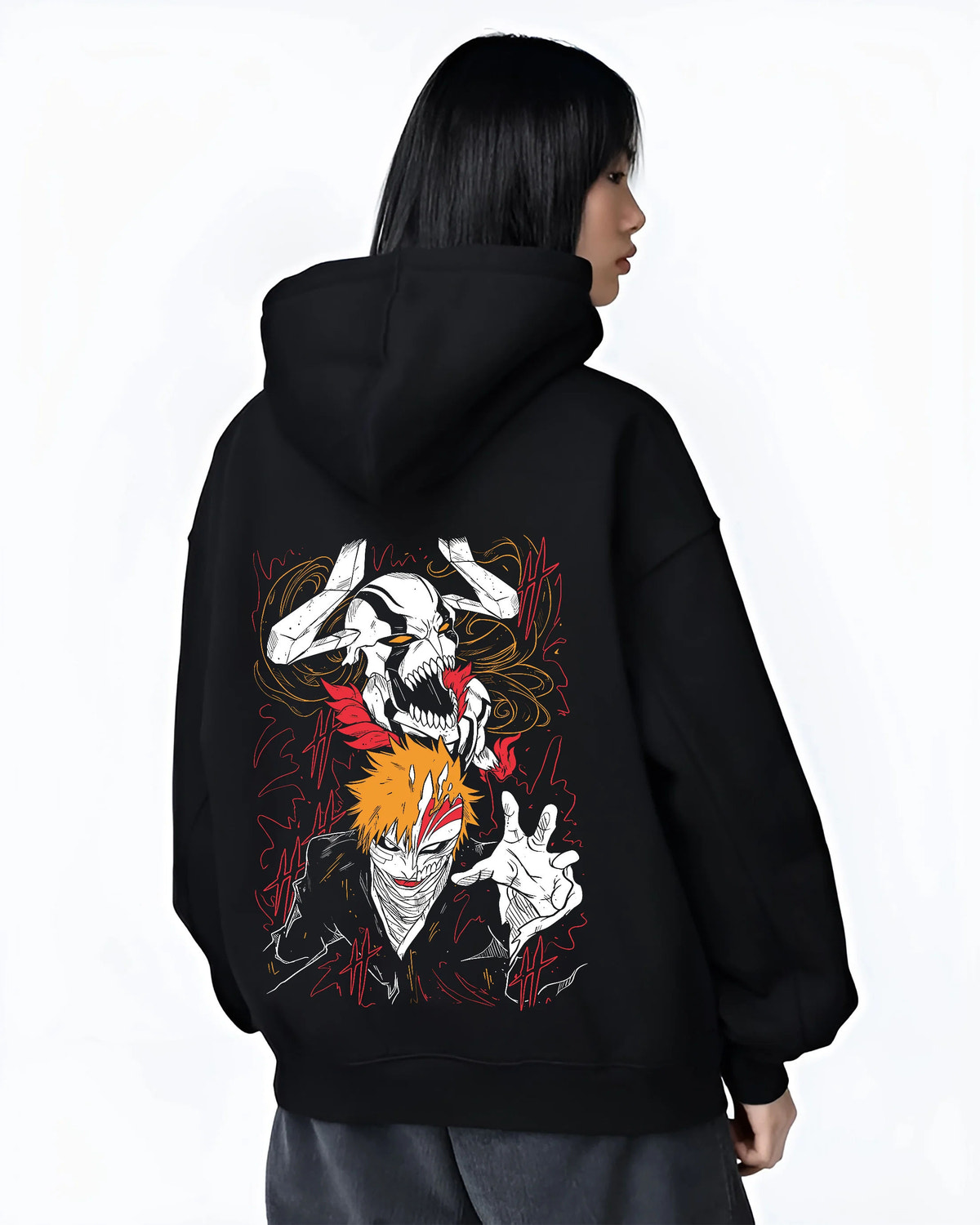 Black hoodie female model back view showing Ichigo Kurosaki from Bleach: Hollow mask and dual portrait