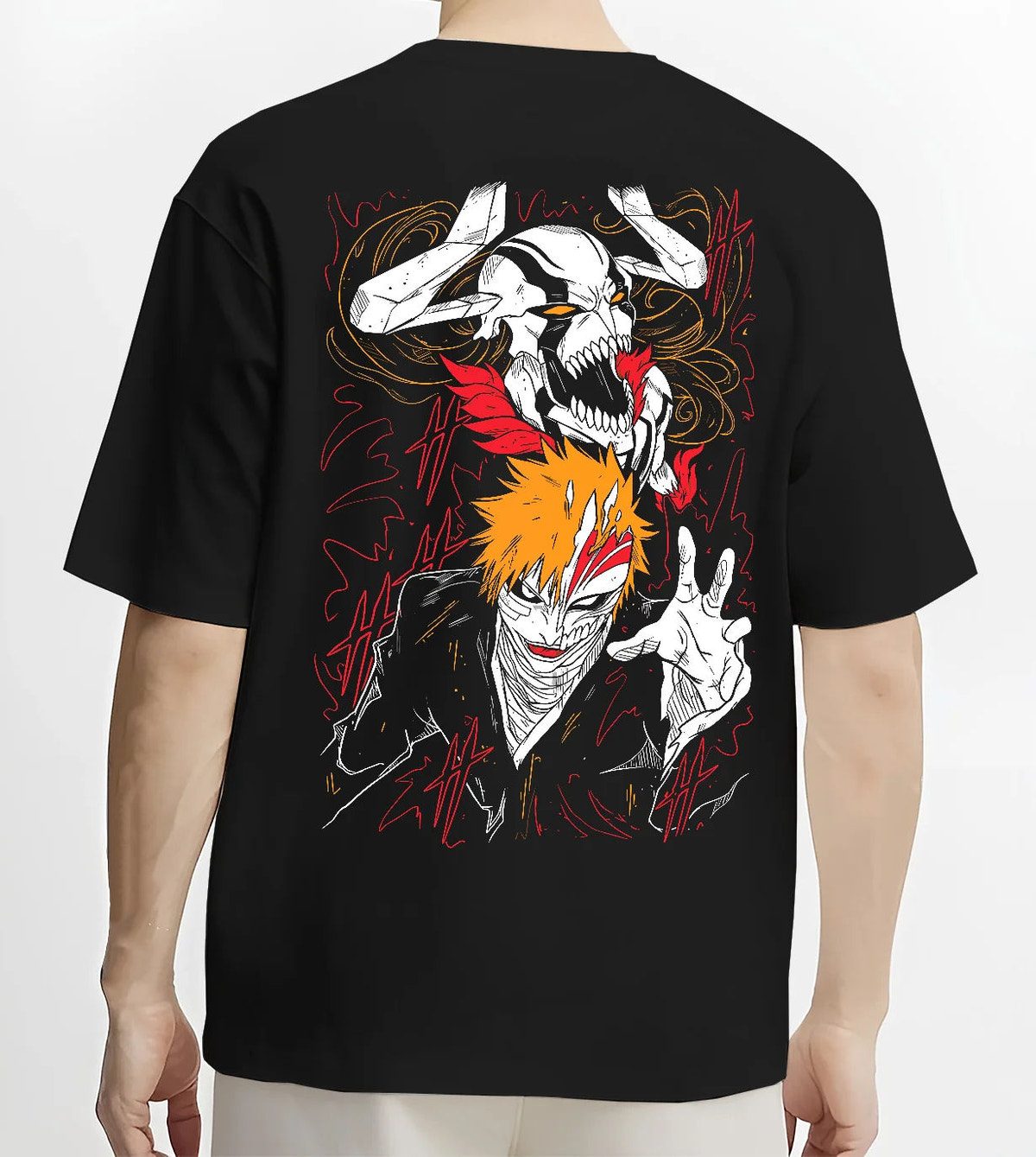 Black T-shirt model back view showing Ichigo Kurosaki from Bleach: Hollow mask and dual portrait