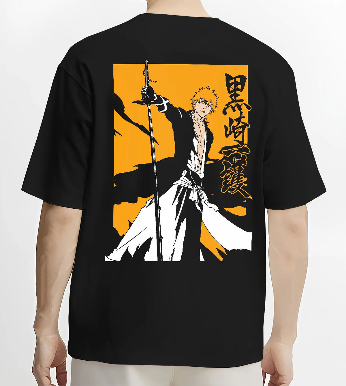 Black T-shirt model back view showing Ichigo Kurosaki from Bleach: sword silhouette on yellow