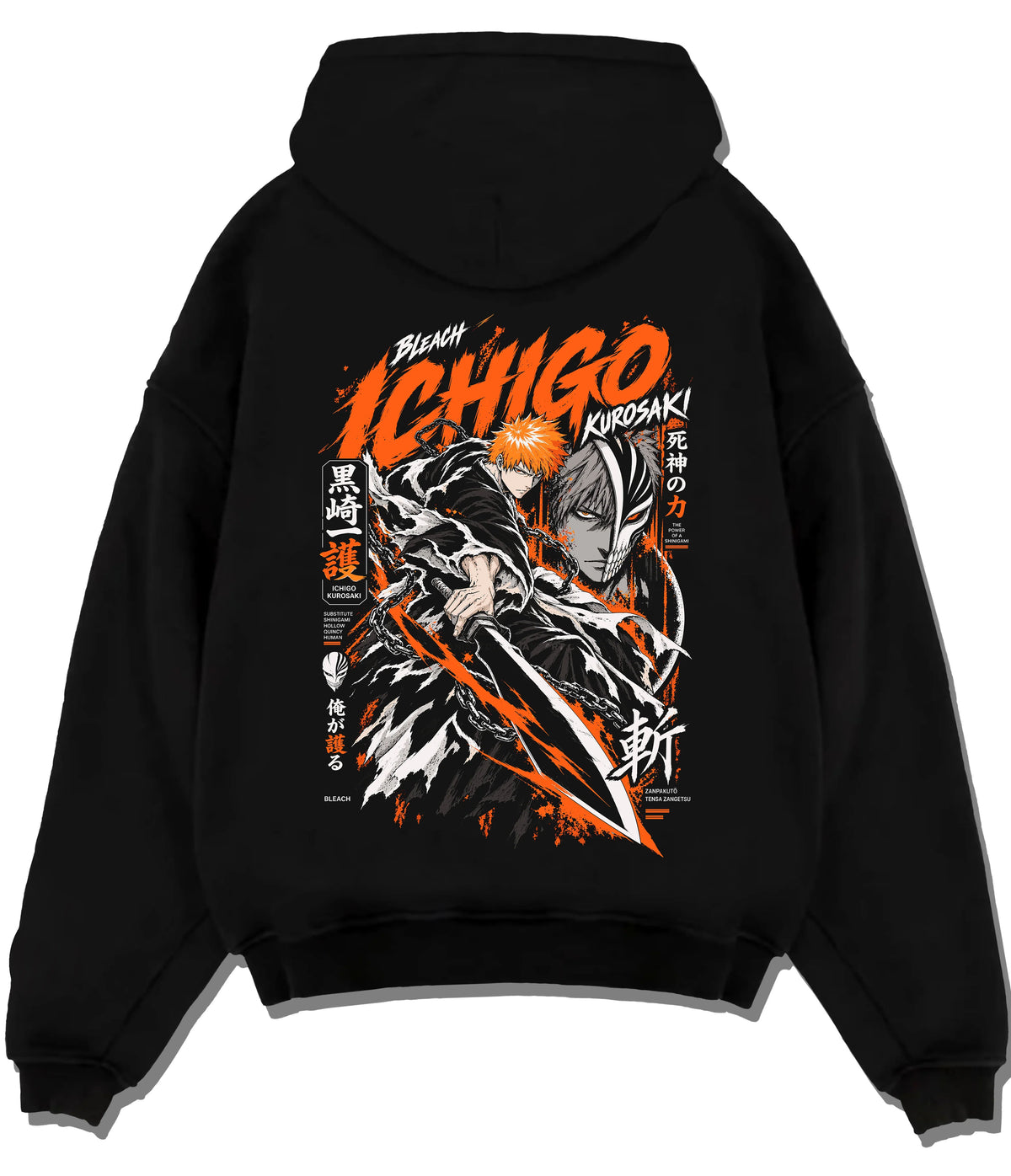 Black hoodie flat back view showing Ichigo Kurosaki from Bleach: black/orange action print