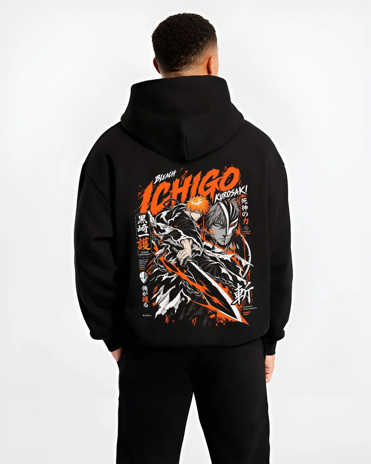 Black hoodie model back view showing Ichigo Kurosaki from Bleach: black/orange action print