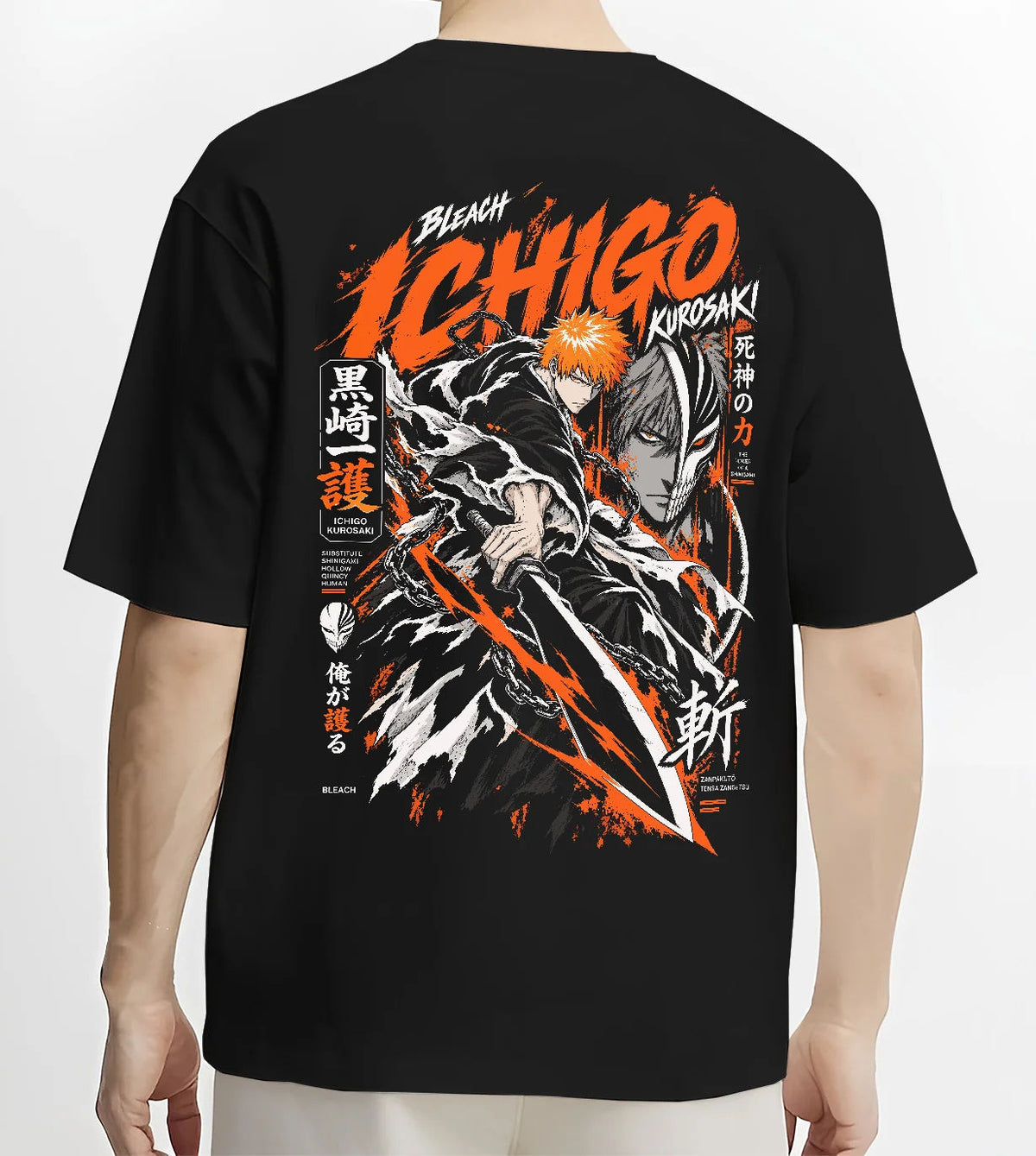 Black T-shirt model back view showing Ichigo Kurosaki from Bleach: black/orange action print