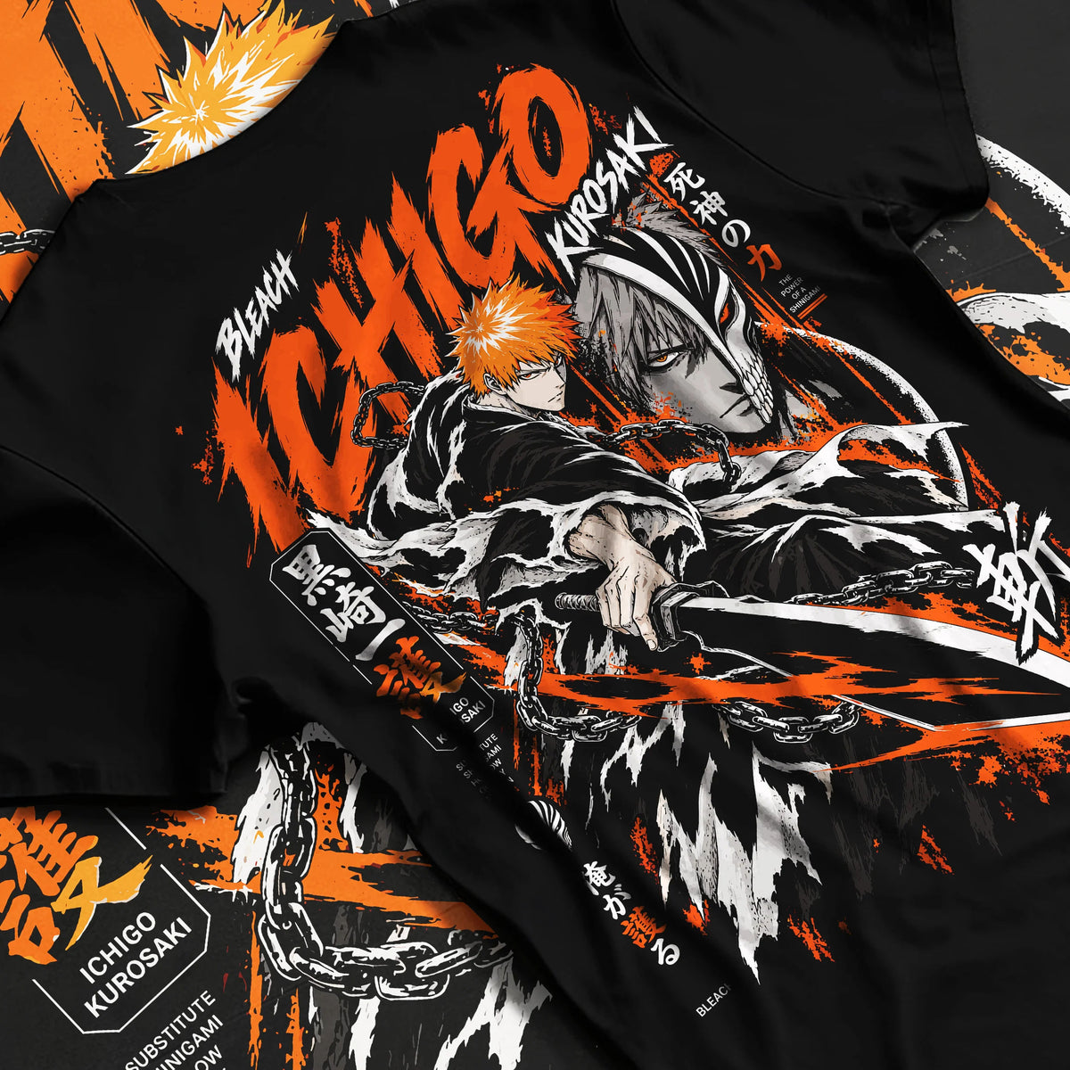 Black T-shirt flat back view showing Ichigo Kurosaki from Bleach: black/orange action print