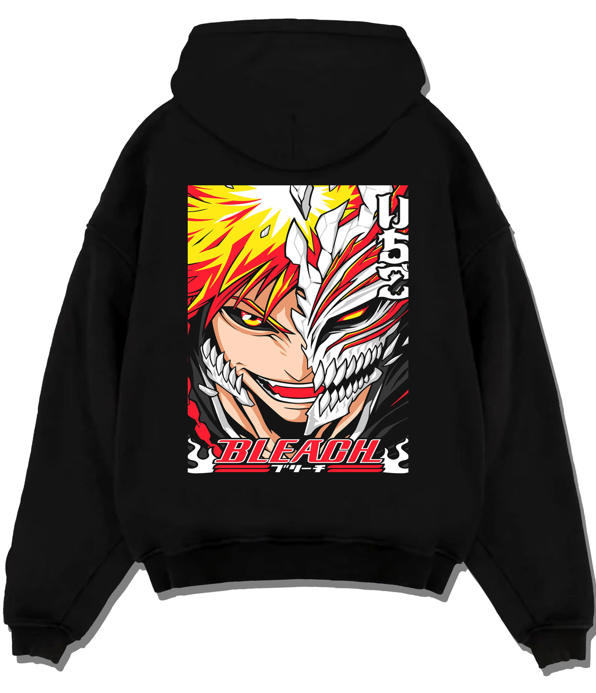 Black hoodie flat back view showing Ichigo Kurosaki from Bleach: half Hollow transformation