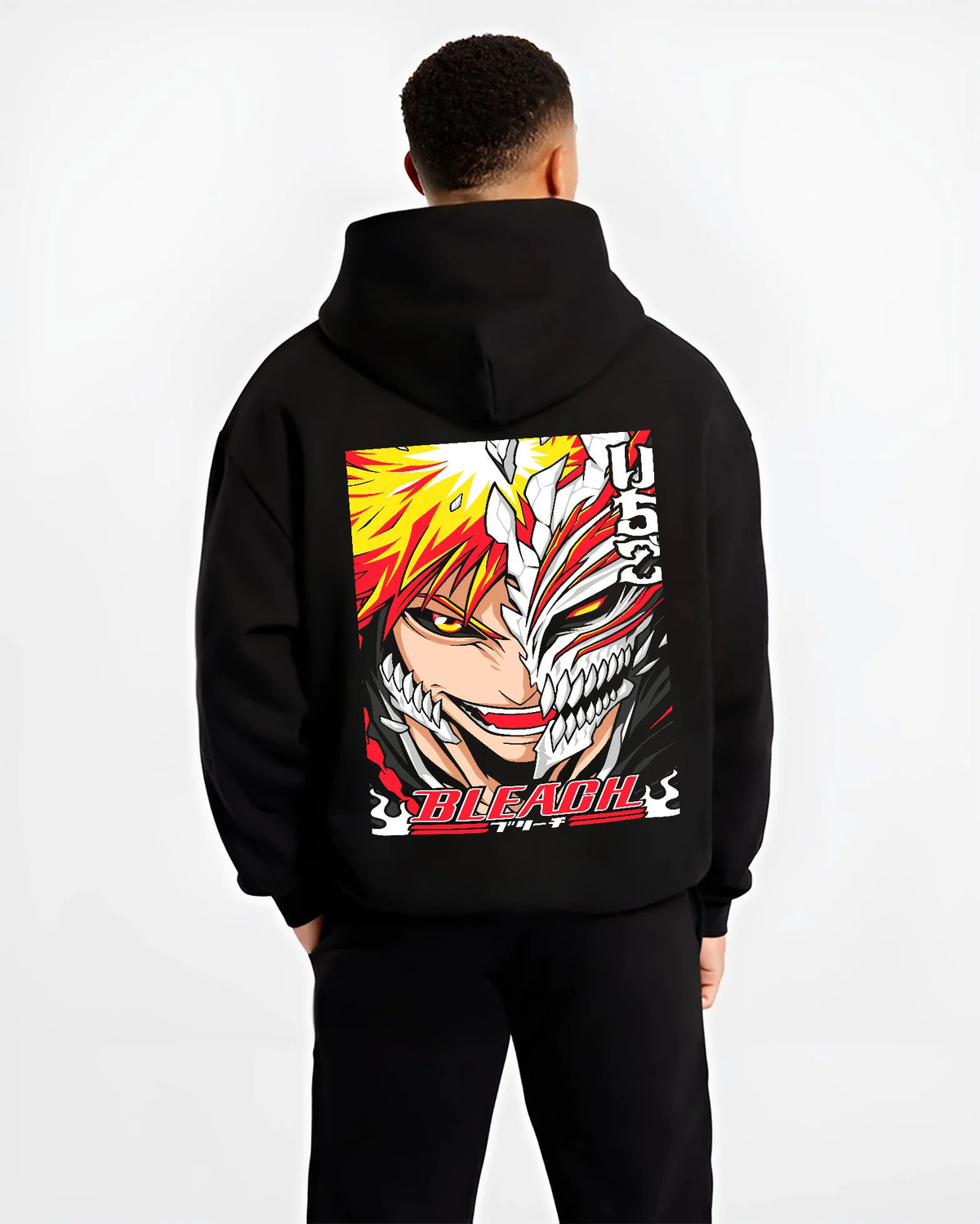 Black hoodie model back view showing Ichigo Kurosaki from Bleach: half Hollow transformation