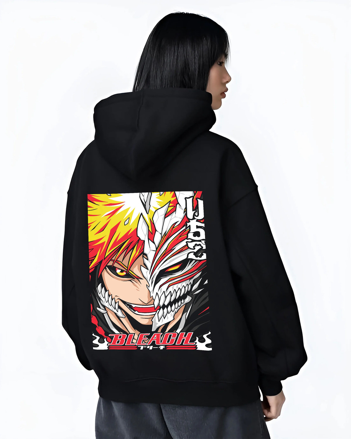 Black hoodie female model back view showing Ichigo Kurosaki from Bleach: half Hollow transformation