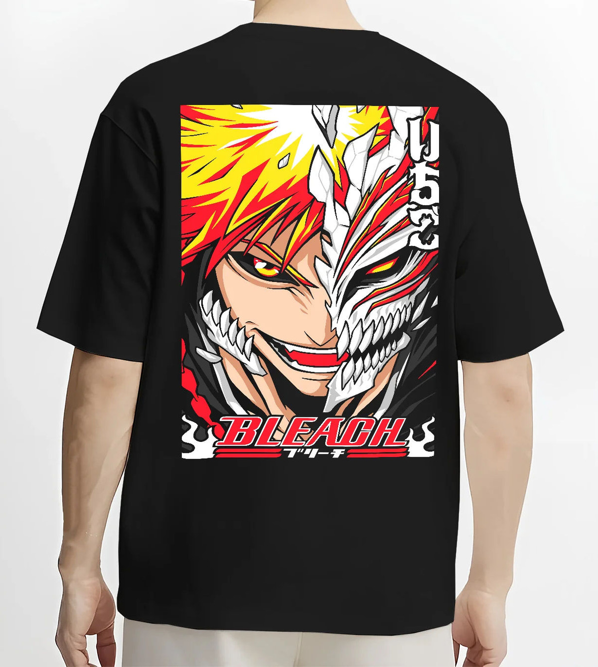 Black T-shirt model back view showing Ichigo Kurosaki from Bleach: half Hollow transformation