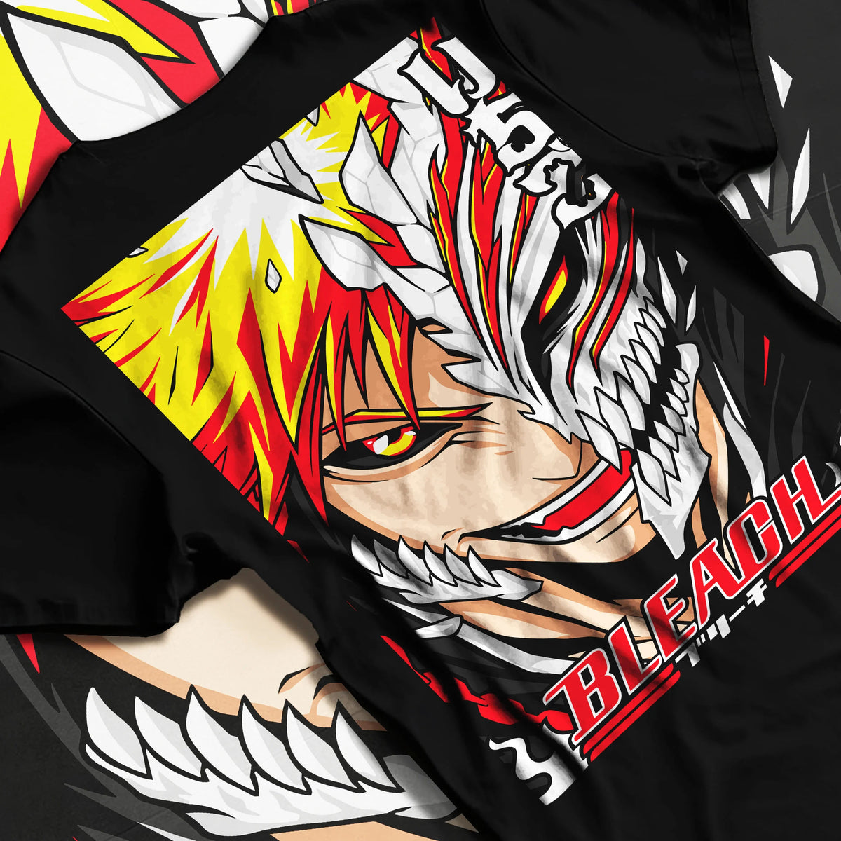 Black T-shirt flat back view showing Ichigo Kurosaki from Bleach: half Hollow transformation