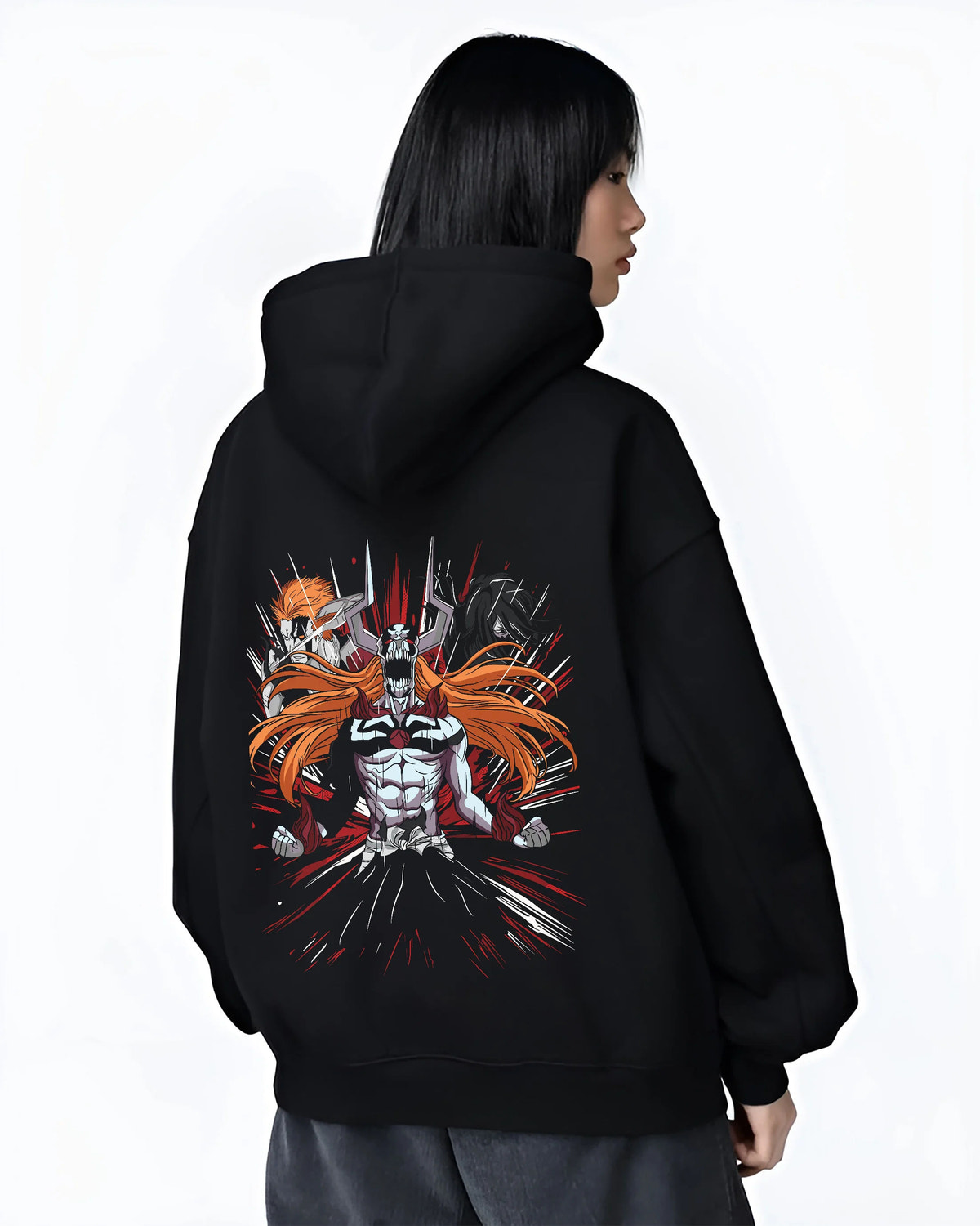 Black hoodie female model back view showing Ichigo Kurosaki from Bleach: Hollow/Bankai armoured form