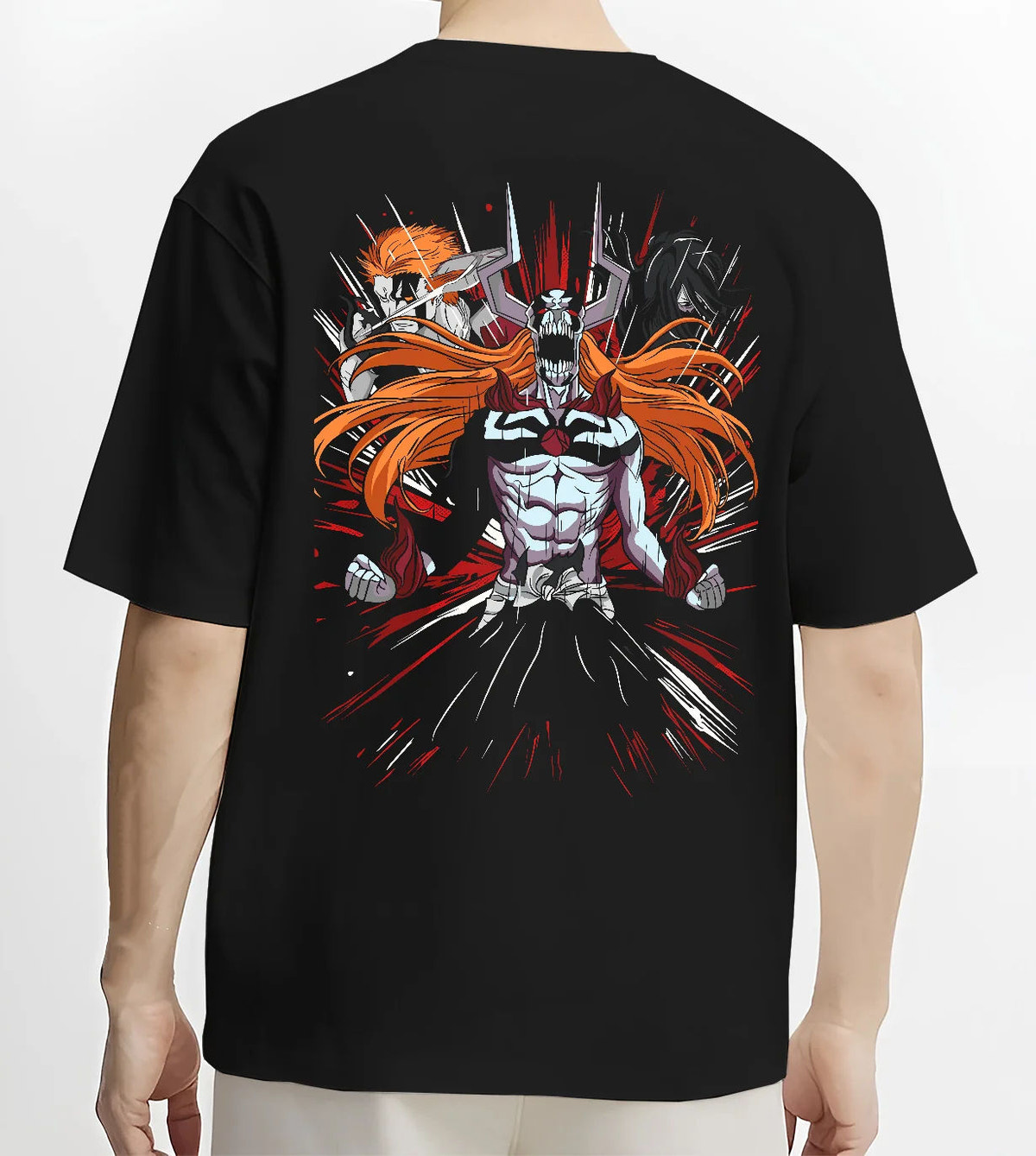 Black T-shirt model back view showing Ichigo Kurosaki from Bleach: Hollow/Bankai armoured form
