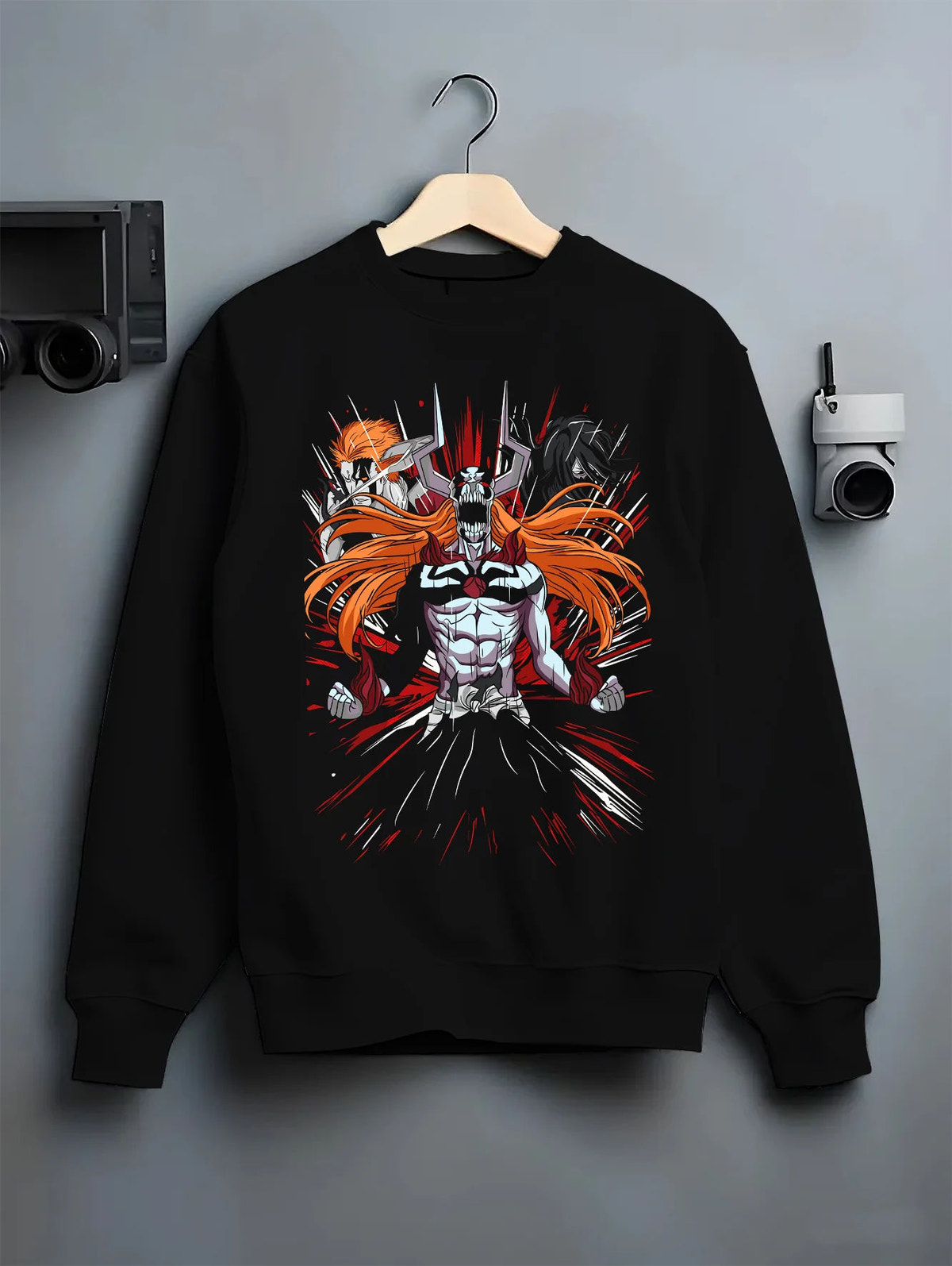 Black crewneck sweatshirt on hanger showing Ichigo Kurosaki from Bleach: Hollow/Bankai armoured form