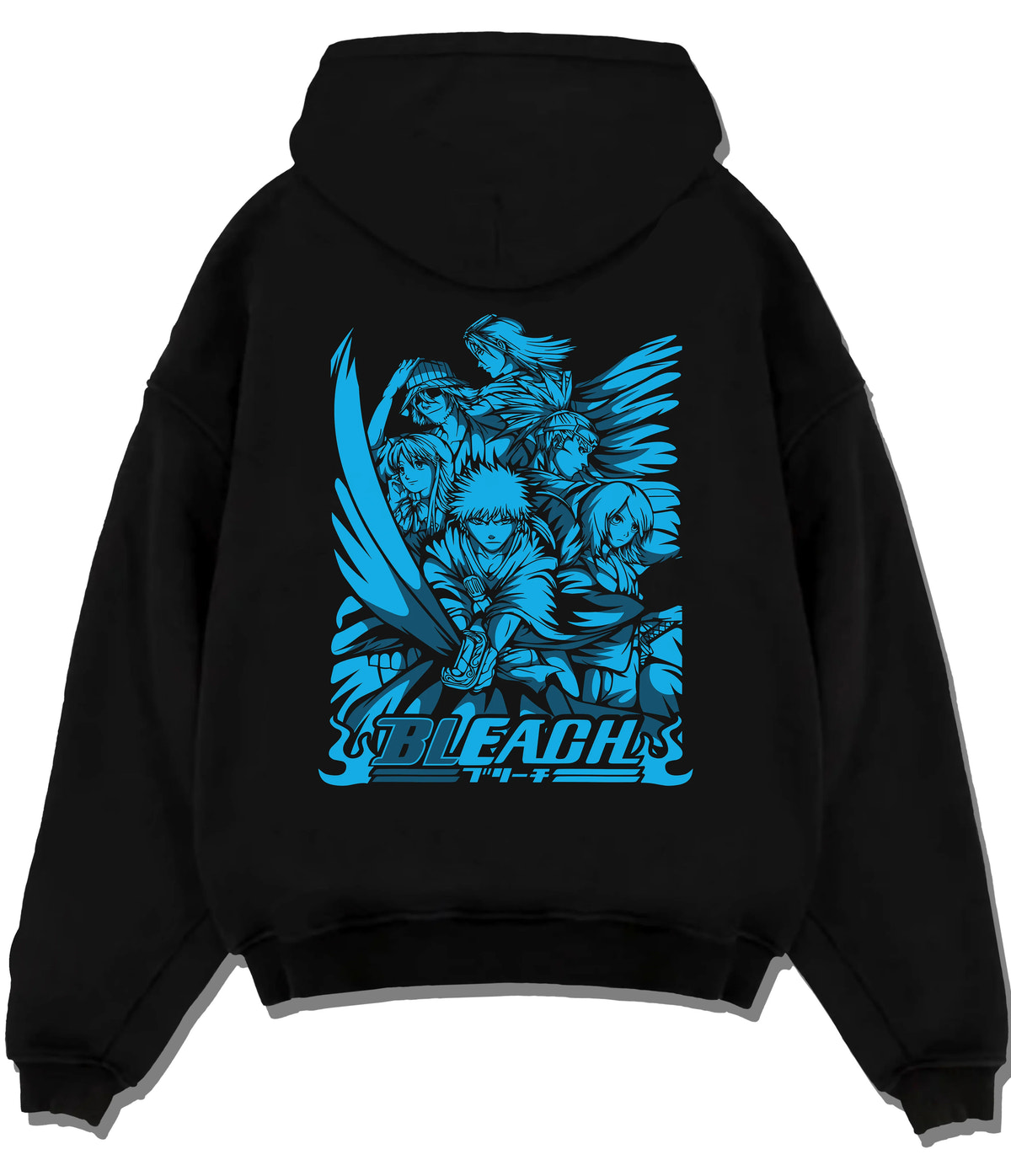 Black hoodie flat back view with Ichigo/Rukia-themed Bleach manga collage illustrated back graphic