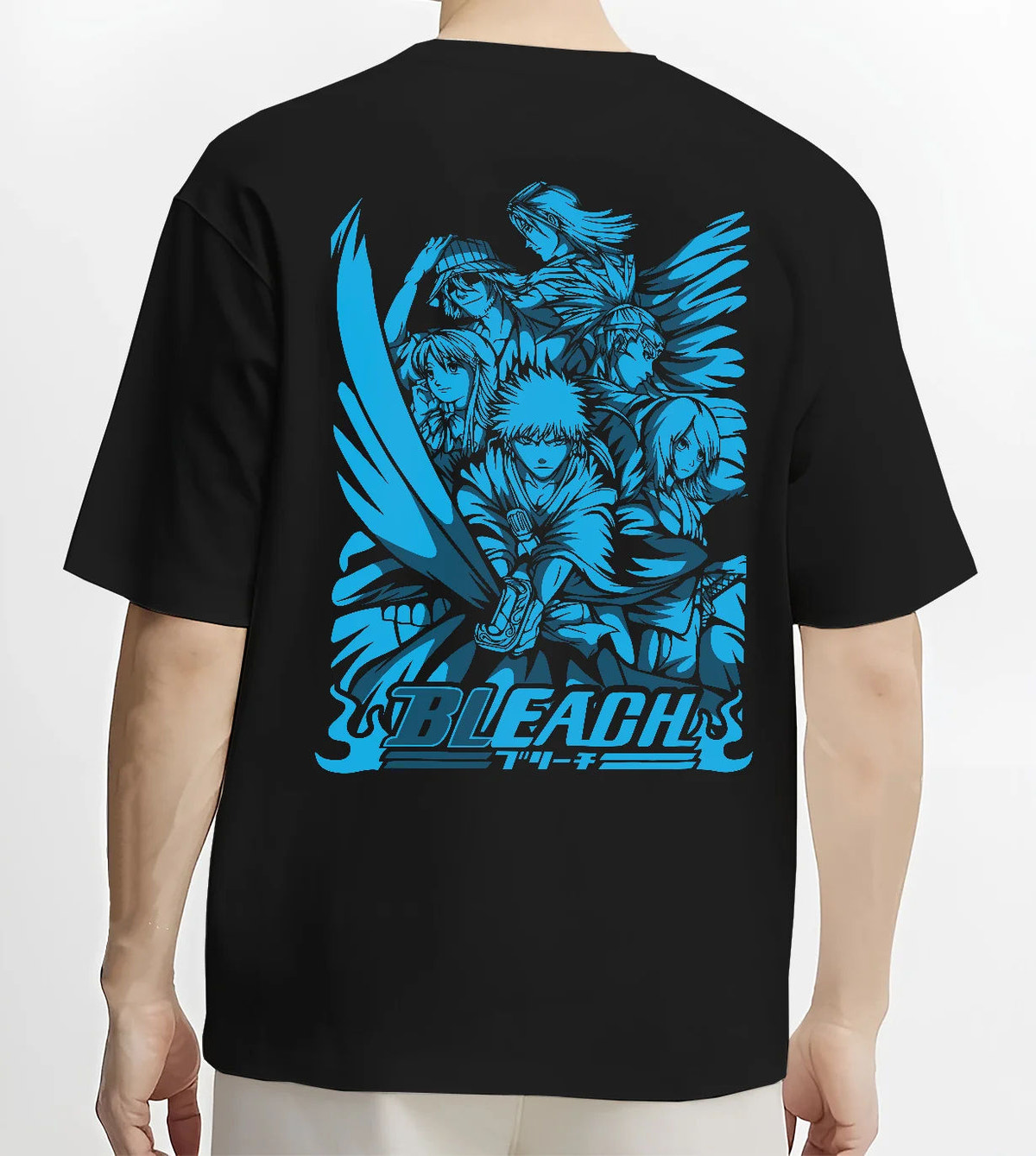 Black T-shirt model back view with Ichigo/Rukia-themed Bleach manga collage illustrated back graphic