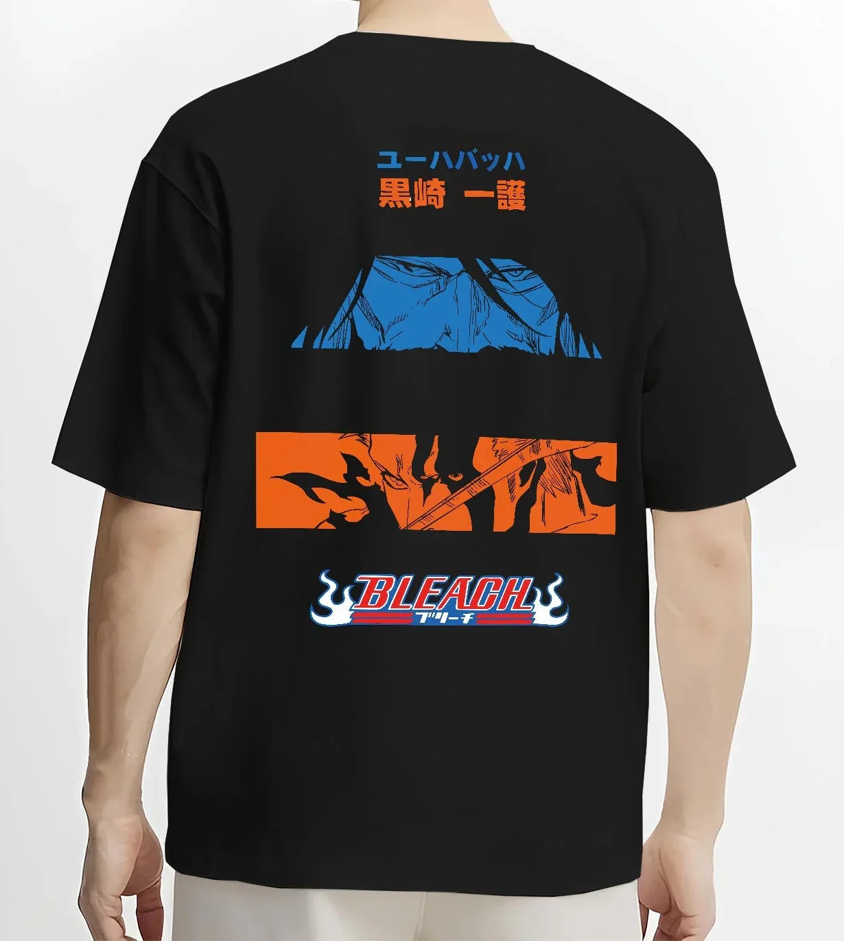 Black T-shirt worn by male model, back view with Ichigo Hoodie Bleach Shinigami Vizard Hollow Form graphic streetwear graphic.