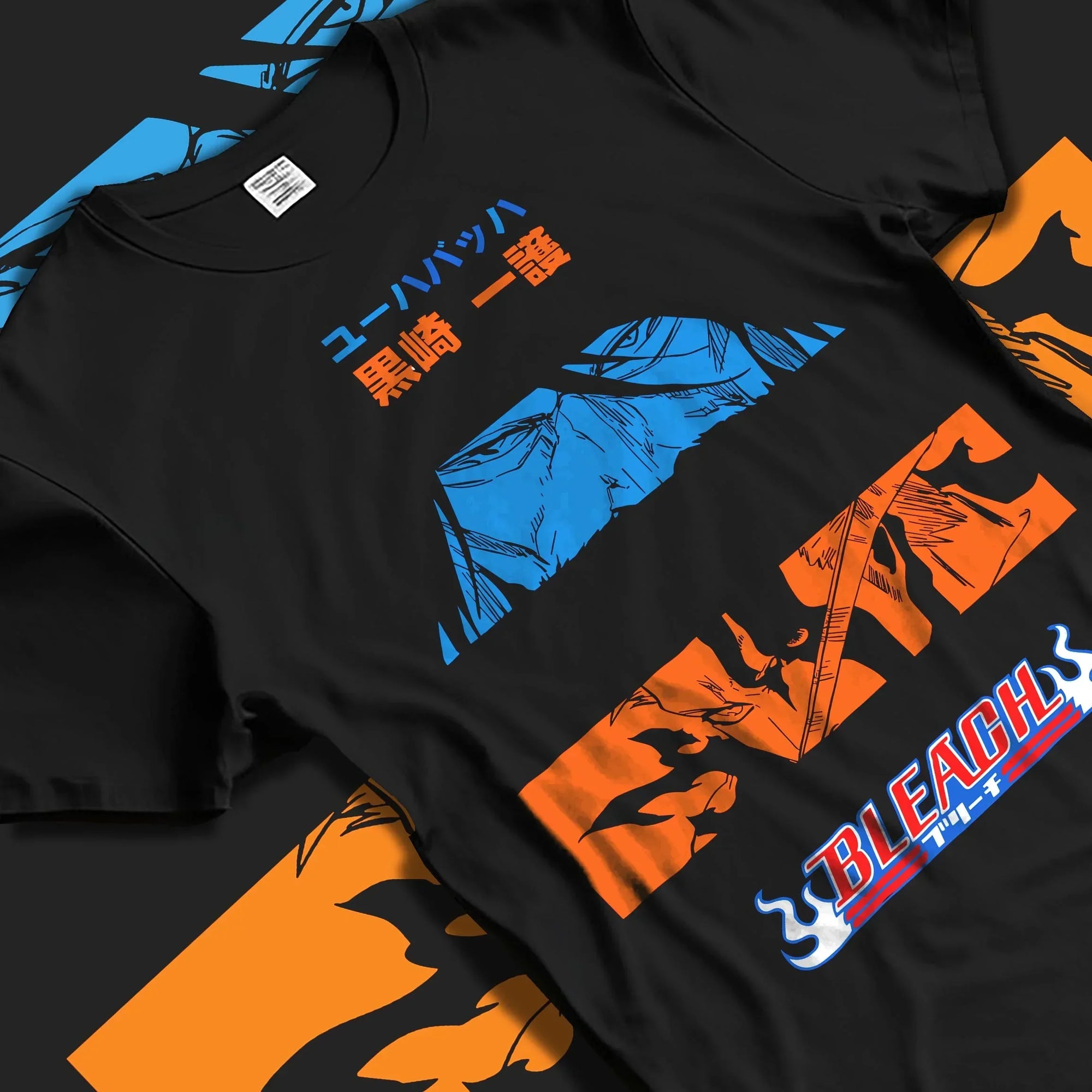 Black T-shirt laid flat with natural folds with Ichigo Hoodie Bleach Shinigami Vizard Hollow Form graphic streetwear graphic.