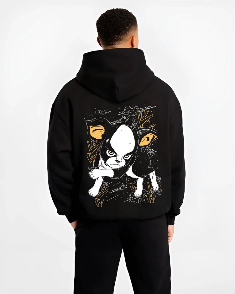 Black hoodie worn by male model, back view with JoJo’s Bizarre Adventure Hoodie Iggy Dog Jumper graphic Iggy themed artwork.