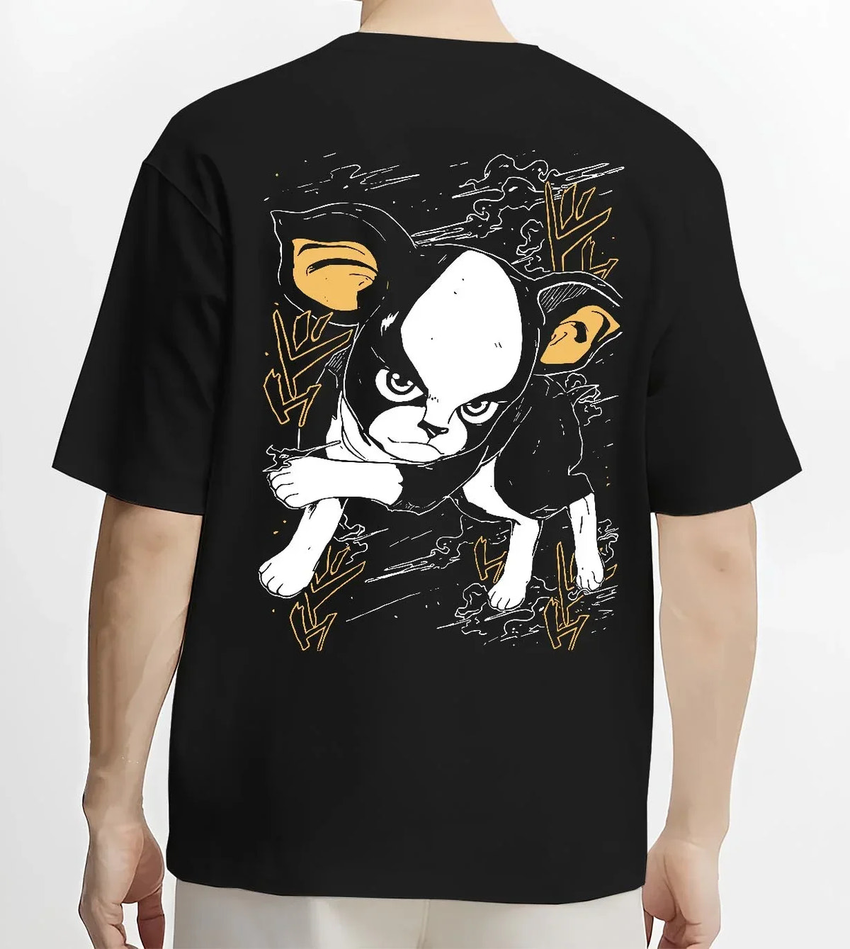 Black T-shirt worn by male model, back view with JoJo’s Bizarre Adventure Hoodie Iggy Dog Jumper graphic premium wear.