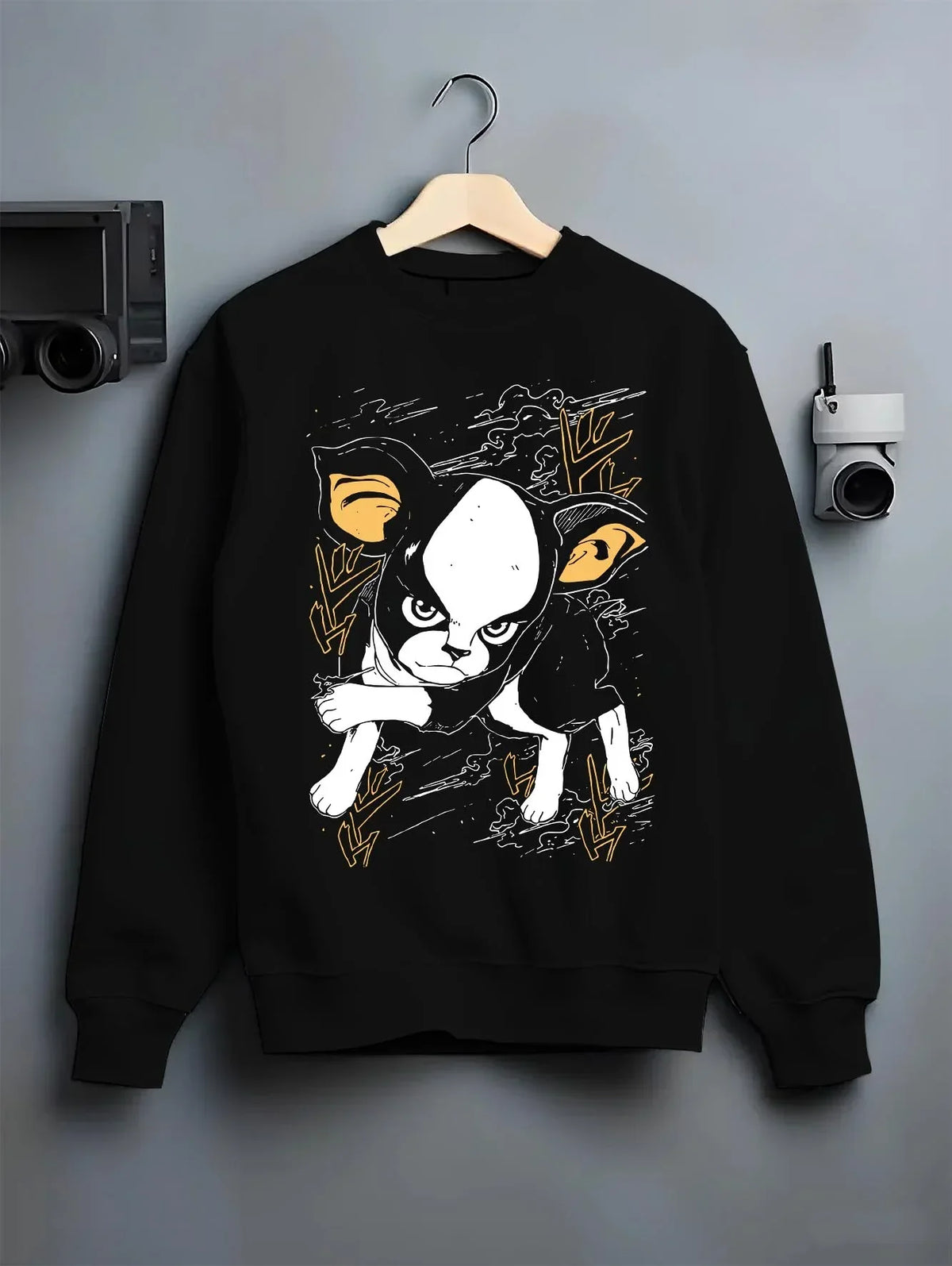 Black crewneck sweatshirt on hanger with JoJo’s Bizarre Adventure Hoodie Iggy Dog Jumper graphic streetwear graphic.