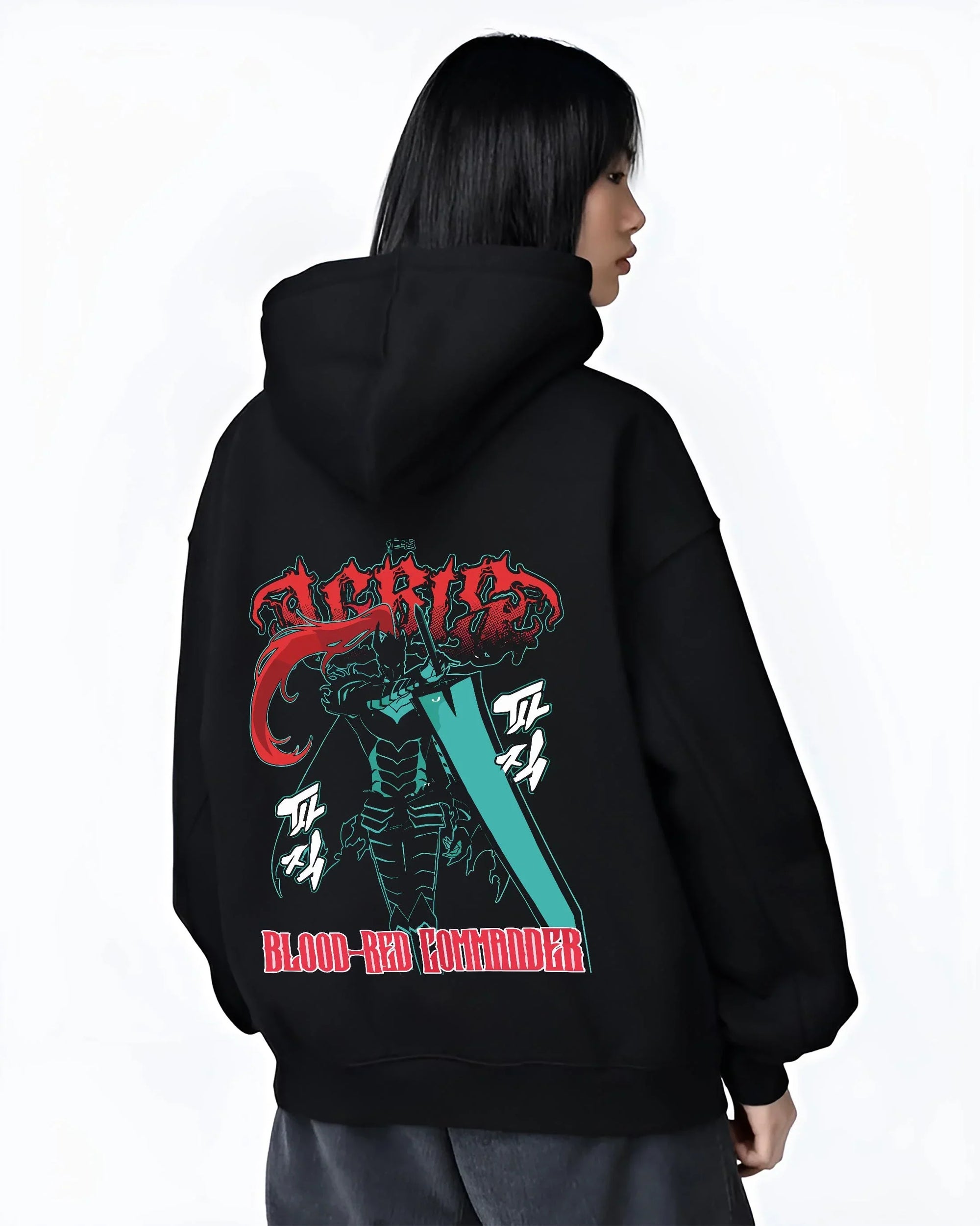 Black hoodie worn by female model, back view with Solo Leveling Hoodie Igris Blood Red Jumper graphic premium wear.