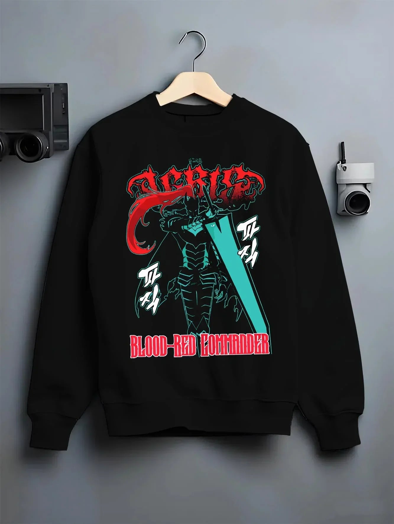 Black crewneck sweatshirt on hanger with Solo Leveling Hoodie Igris Blood Red Jumper graphic premium wear.