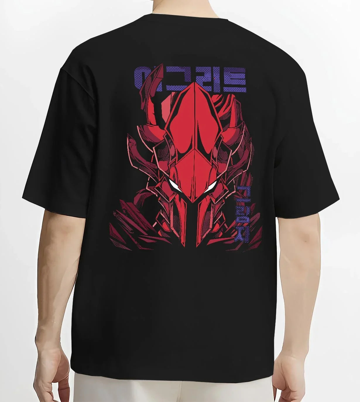 Black T-shirt worn by male model, back view with Solo Leveling Hoodie Igris Armored Power Jumper graphic bold anime graphic.