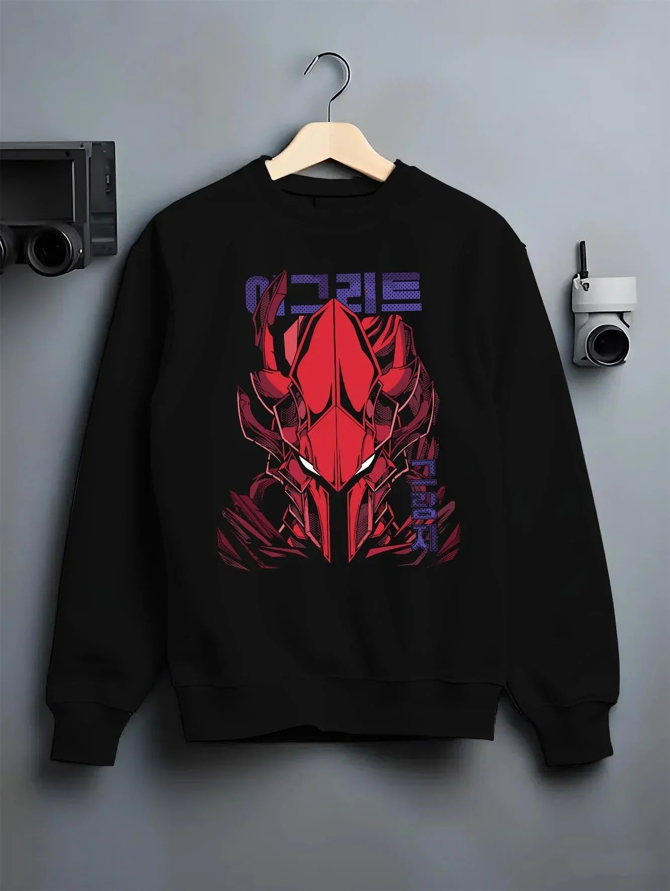 Black crewneck sweatshirt on hanger with Solo Leveling Hoodie Igris Armored Power Jumper graphic streetwear graphic.