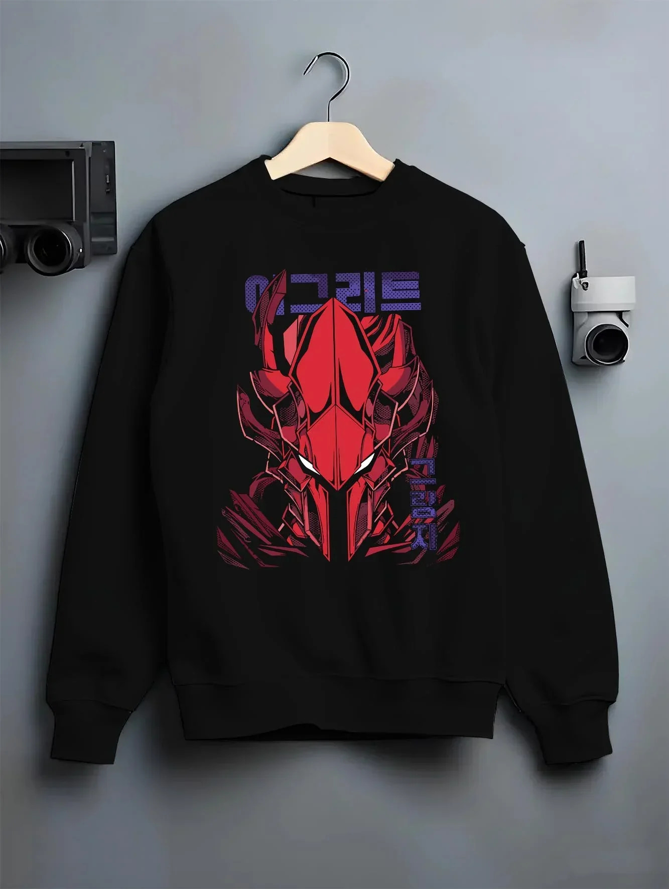 Black crewneck sweatshirt on hanger with Solo Leveling Hoodie Igris Armored Power Jumper graphic streetwear graphic.