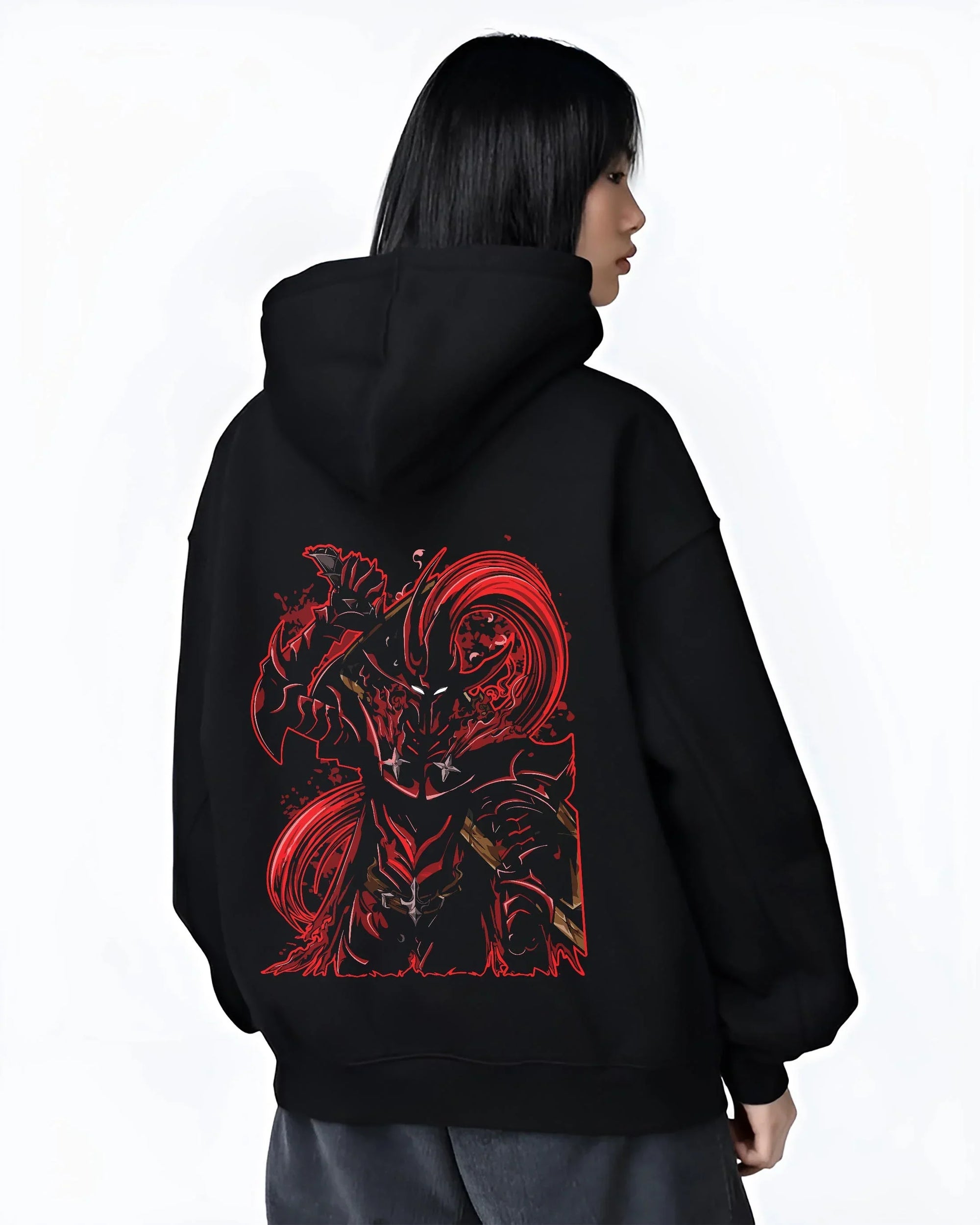 Black hoodie worn by female model, back view with Solo Leveling Hoodie Igris Dark Commander Jumper graphic premium wear.