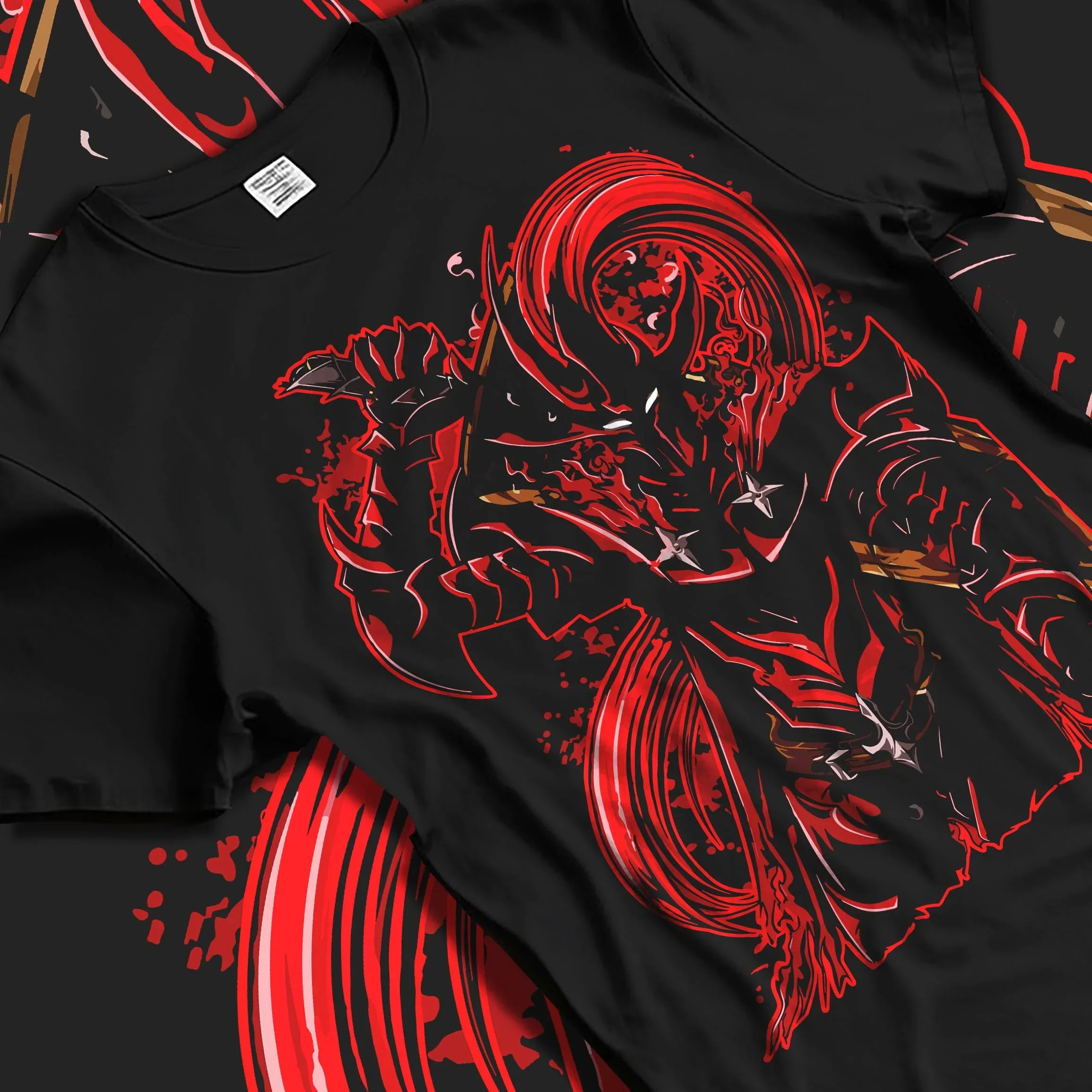 Black T-shirt laid flat with natural folds with Solo Leveling Hoodie Igris Dark Commander Jumper graphic premium wear.