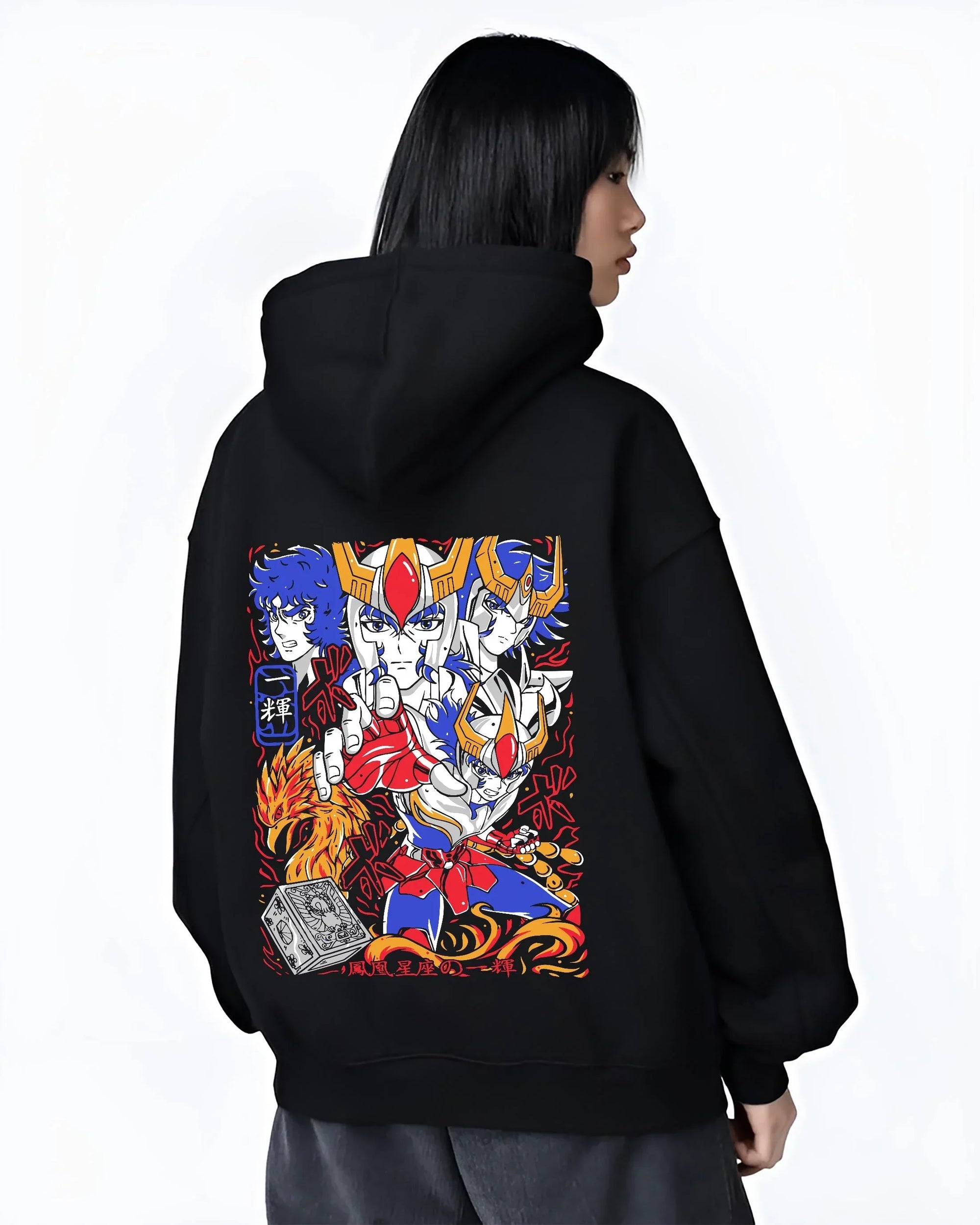 Black hoodie worn by female model, back view with Saint Seiya Hoodie Ikki Phoenix Bronze Saint Jumper graphic Ikki anime design.