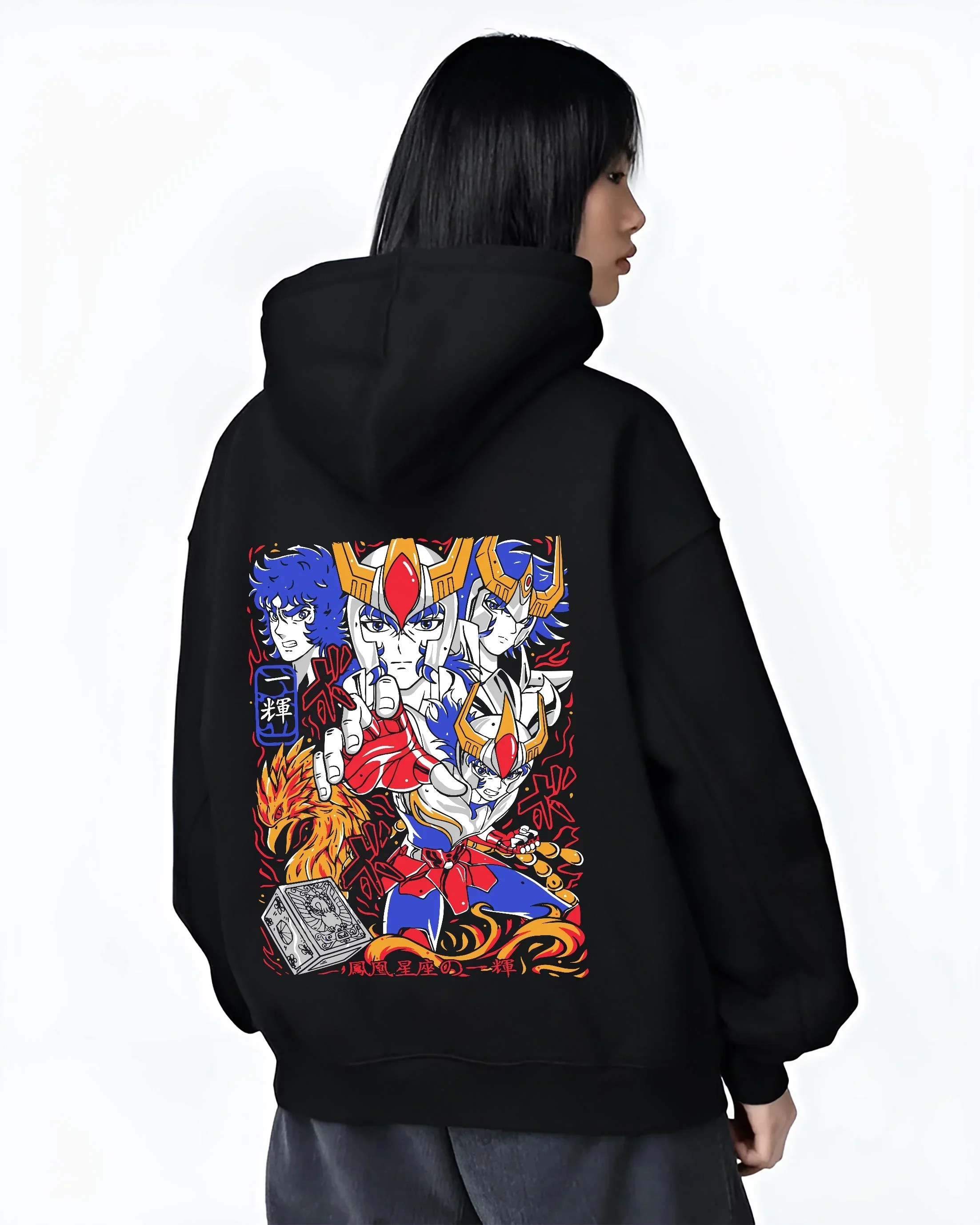 Black hoodie worn by female model, back view with Saint Seiya Hoodie Ikki Phoenix Bronze Saint Jumper graphic Ikki anime design.