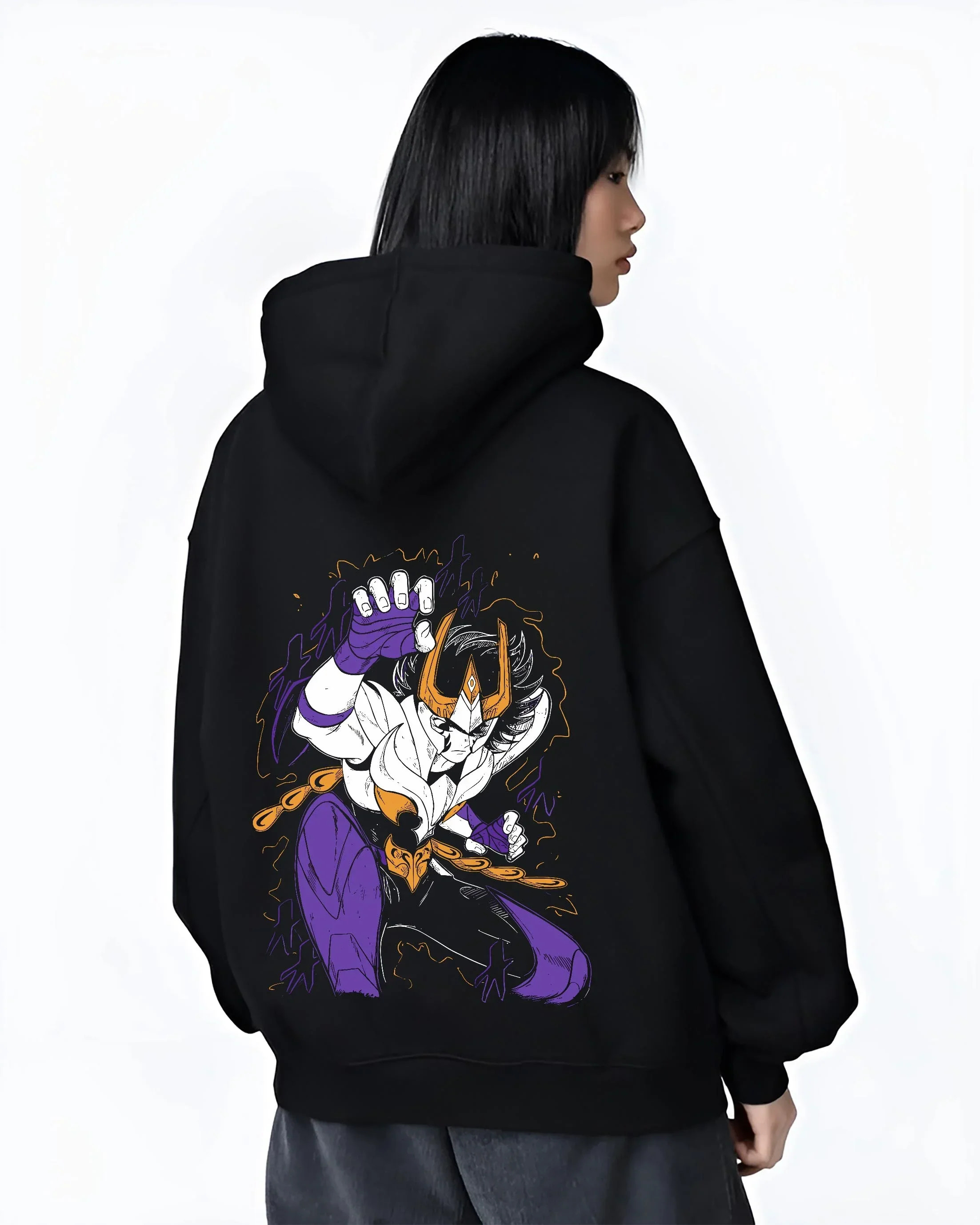 Black hoodie worn by female model, back view with Saint Seiya Hoodie Ikki Phoenix Burning Power Jumper graphic bold anime graphic.