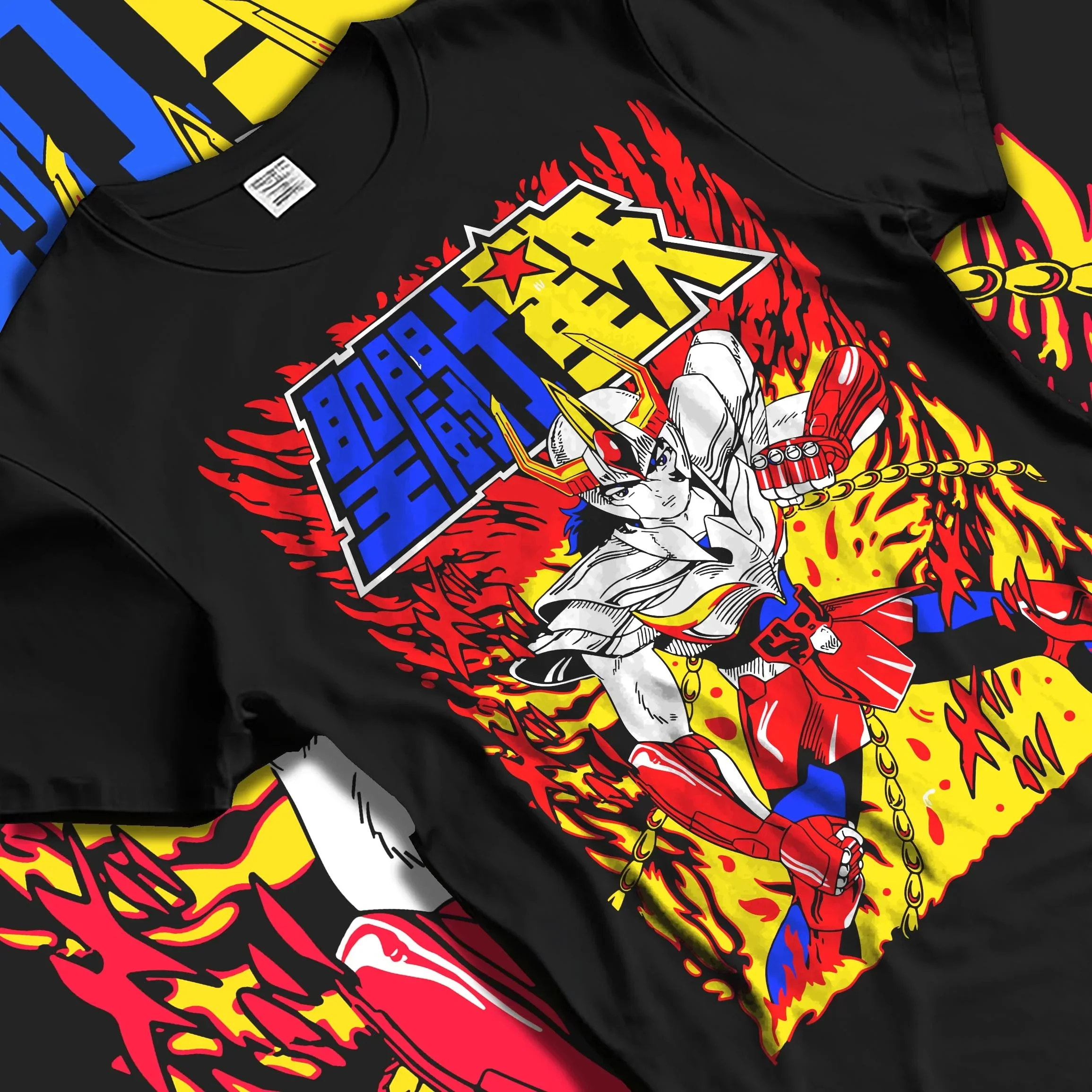 Black T-shirt laid flat with natural folds with Saint Seiya Hoodie Ikki Phoenix Legendary Jumper graphic Ikki anime design.