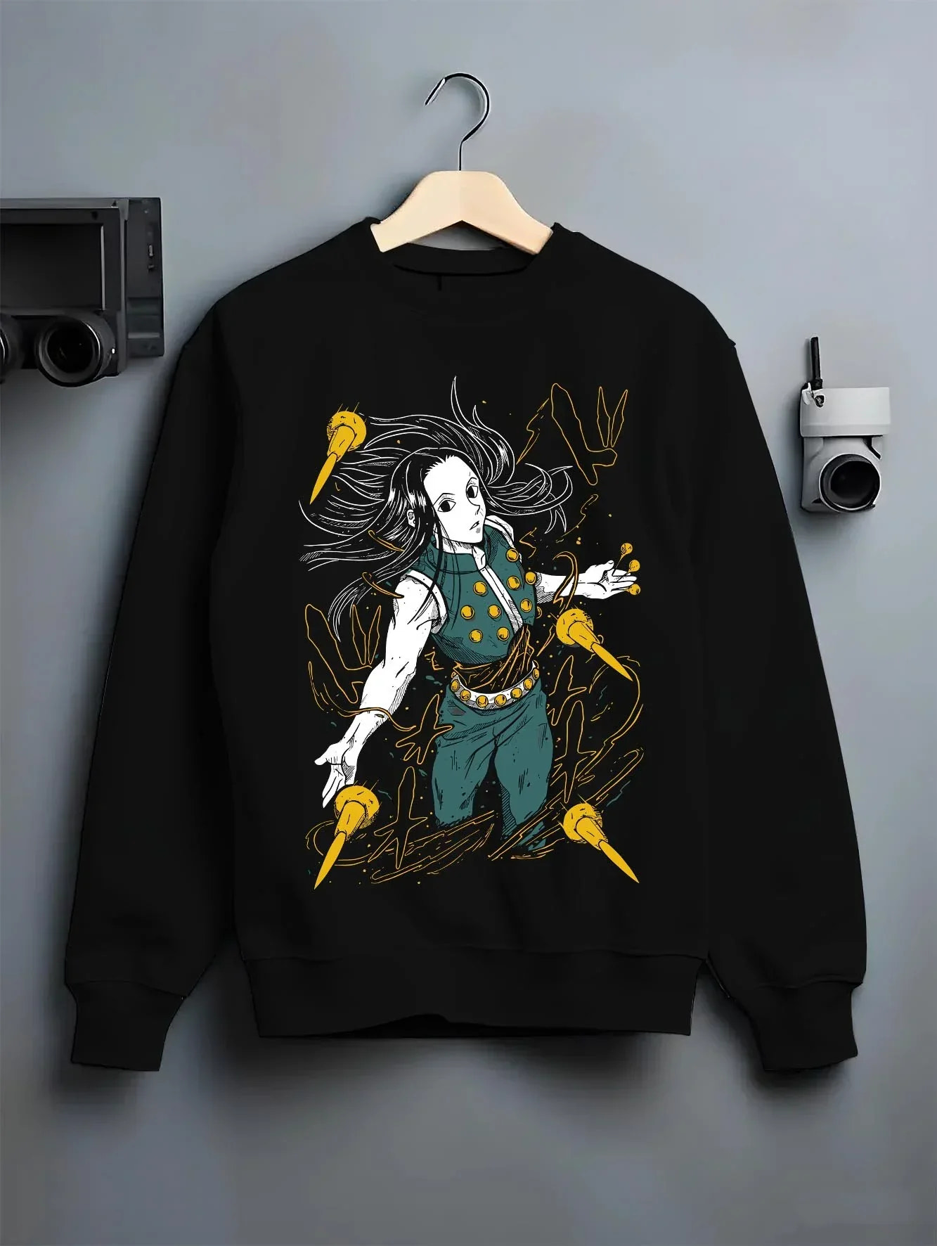 Black crewneck sweatshirt on hanger with Demon Slayer Hoodie Daki Upper Moon Demon Jumper graphic Daki themed artwork.