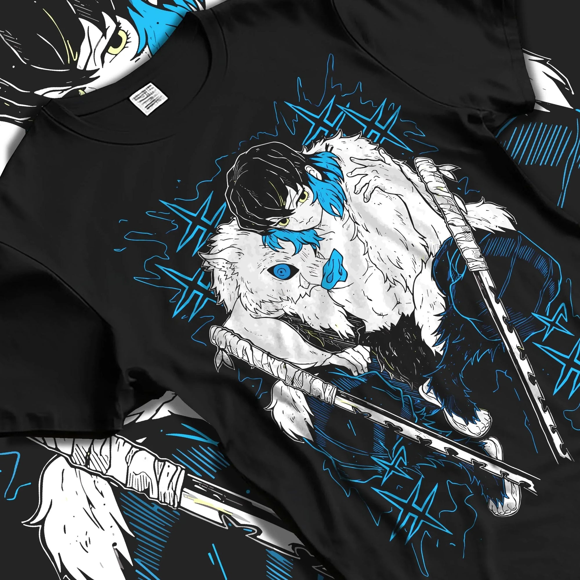 Black T-shirt laid flat with natural folds with Demon Slayer Hoodie Inosuke Hashibira Dynamic Jumper graphic premium wear.