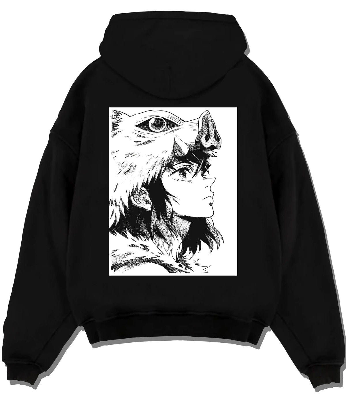 Black hoodie flat back view showing Inosuke Hashibira from Demon Slayer: monochrome side profile