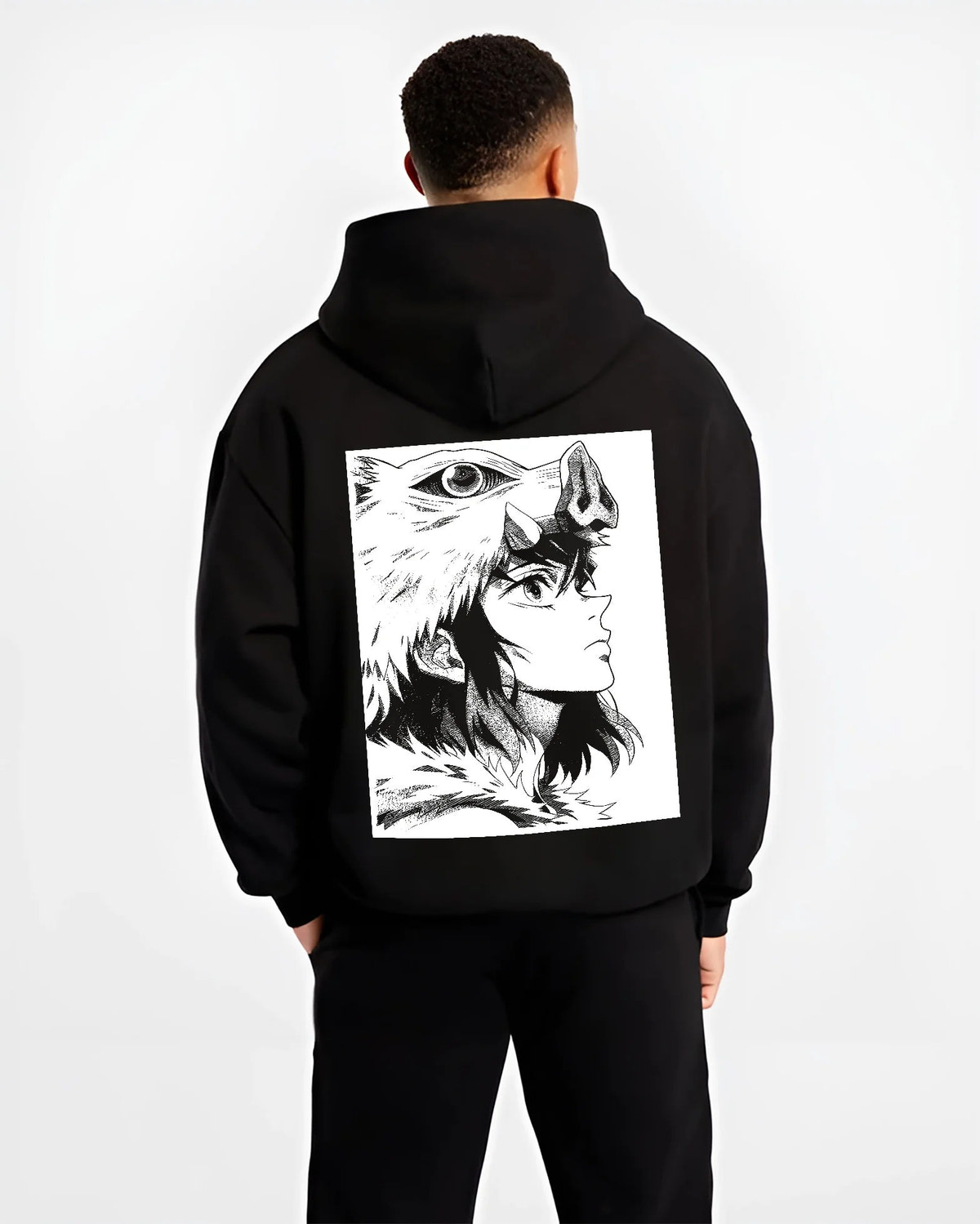 Black hoodie model back view showing Inosuke Hashibira from Demon Slayer: monochrome side profile