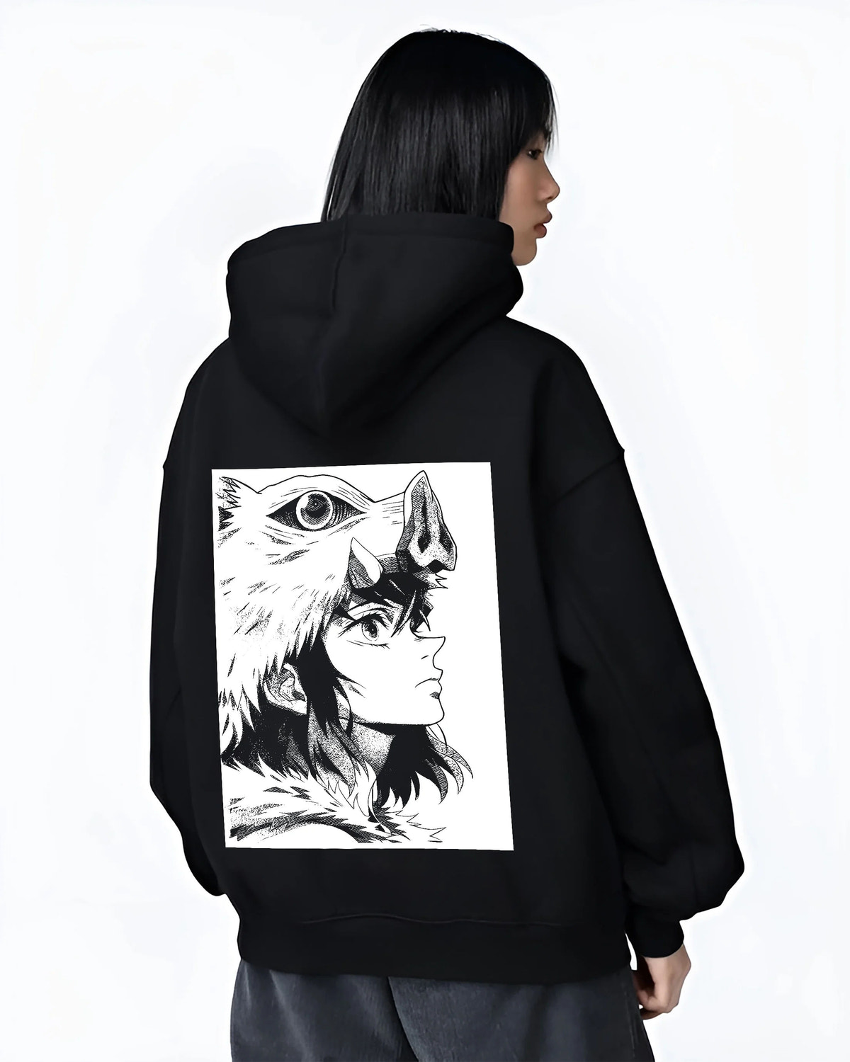Black hoodie female model back view showing Inosuke Hashibira from Demon Slayer: monochrome side profile