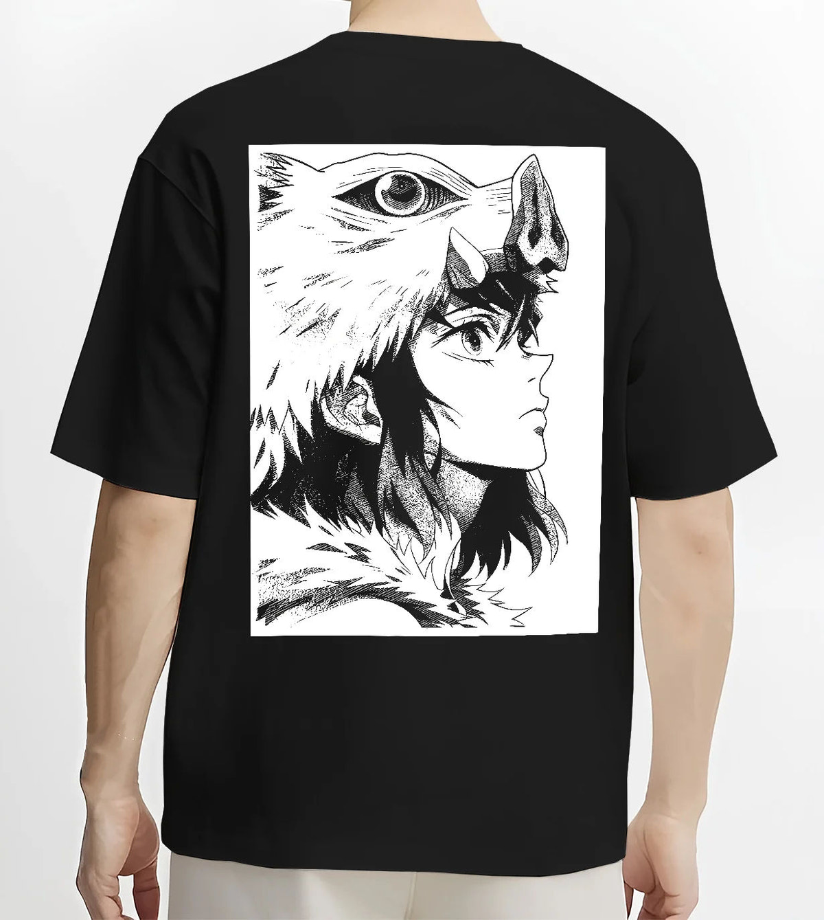 Black T-shirt model back view showing Inosuke Hashibira from Demon Slayer: monochrome side profile