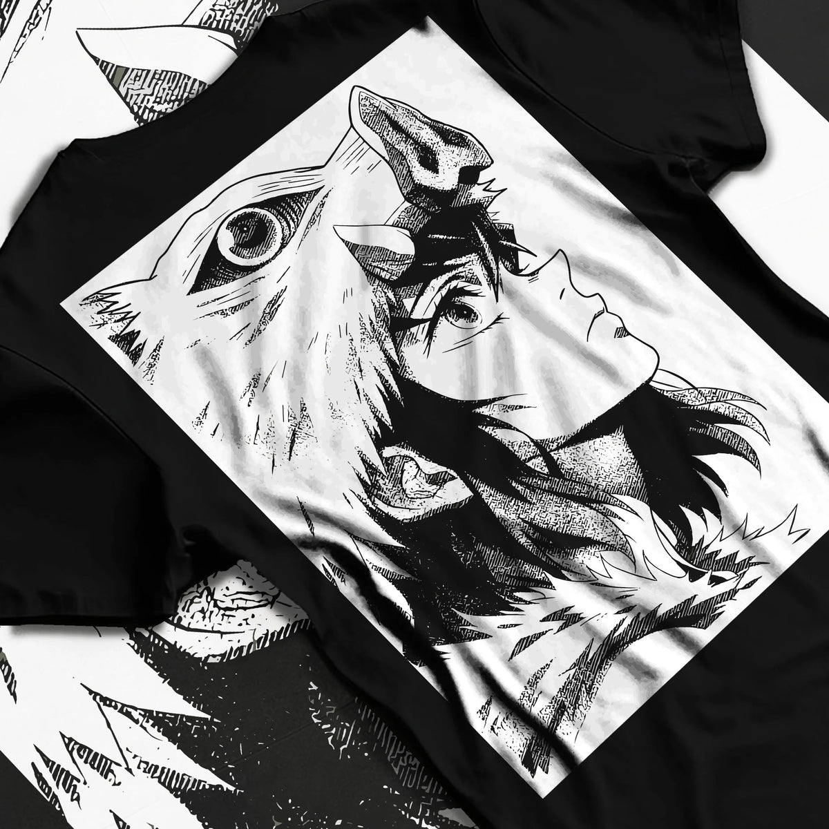 Black T-shirt flat back view showing Inosuke Hashibira from Demon Slayer: monochrome side profile