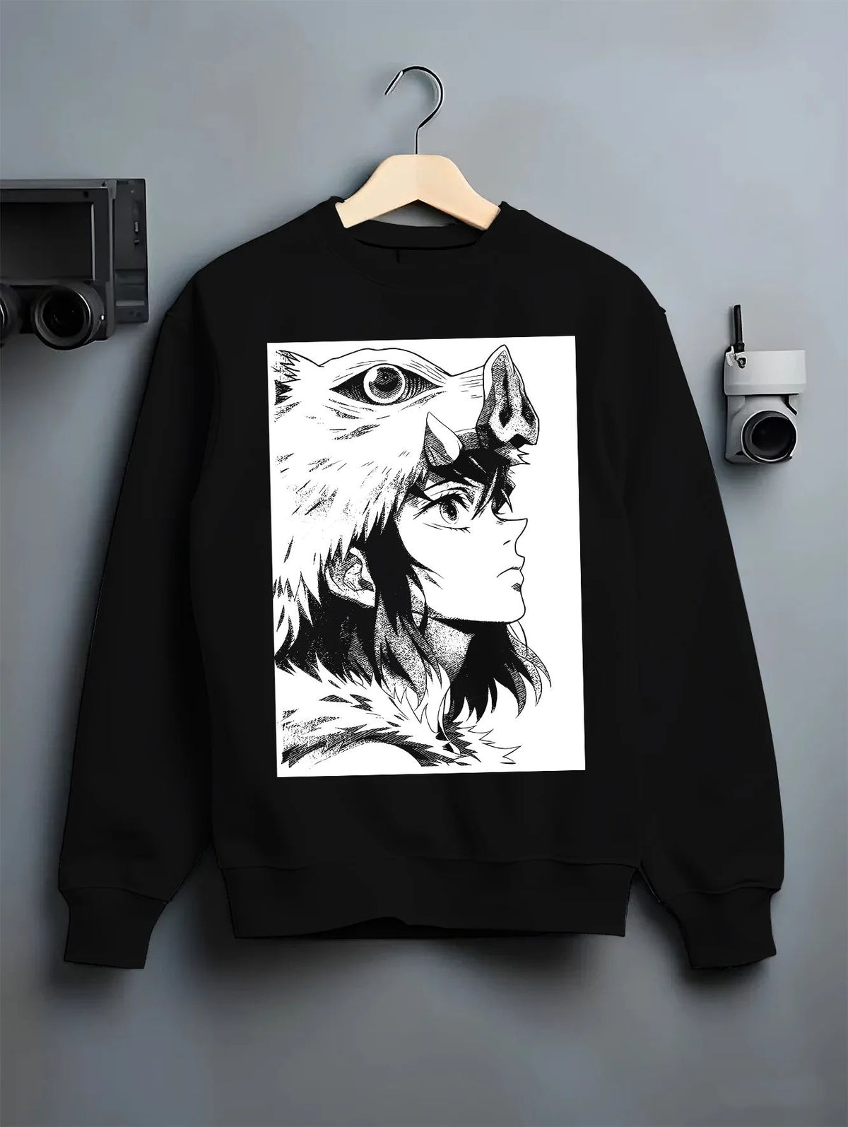 Black crewneck sweatshirt on hanger showing Inosuke Hashibira from Demon Slayer: monochrome side profile