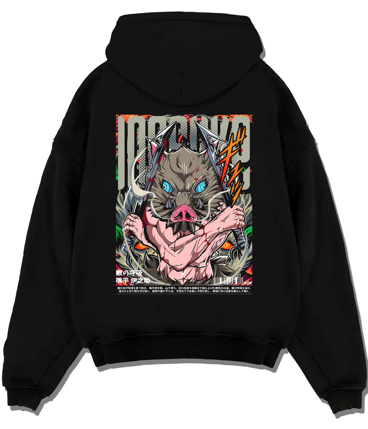 Black hoodie flat back view showing Inosuke Hashibira from Demon Slayer: blue-eyed boar mask