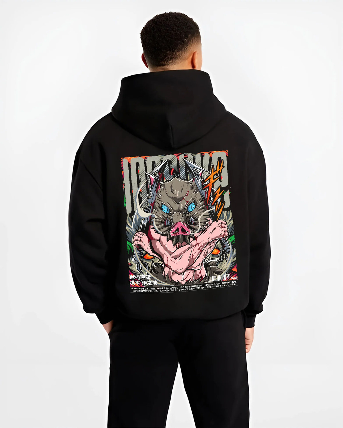 Black hoodie model back view showing Inosuke Hashibira from Demon Slayer: blue-eyed boar mask