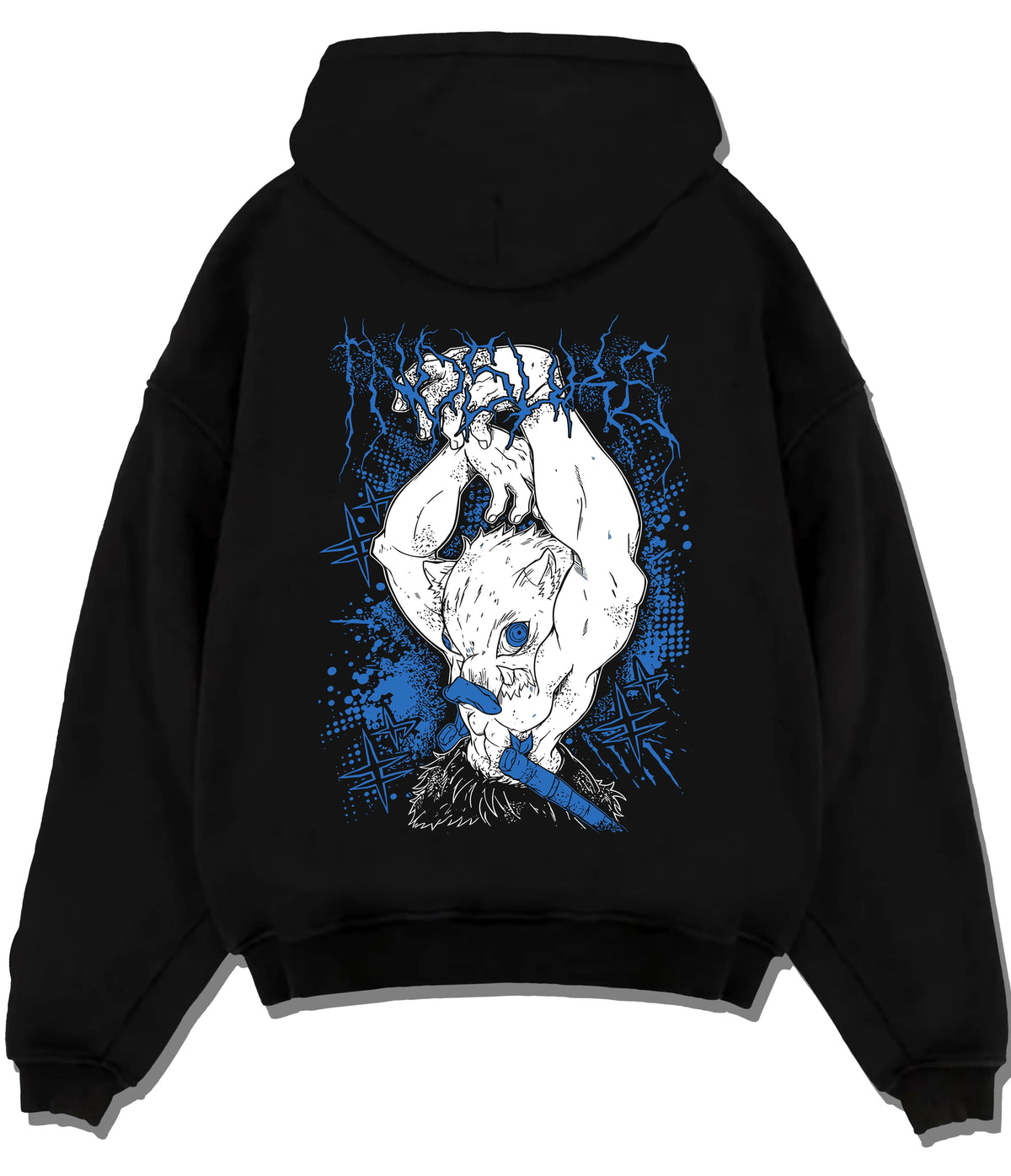 Black hoodie flat back view showing Inosuke Hashibira from Demon Slayer: upside-down boar mask