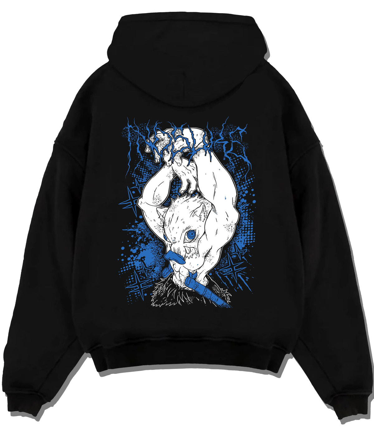 Black hoodie flat back view showing Inosuke Hashibira from Demon Slayer: upside-down boar mask