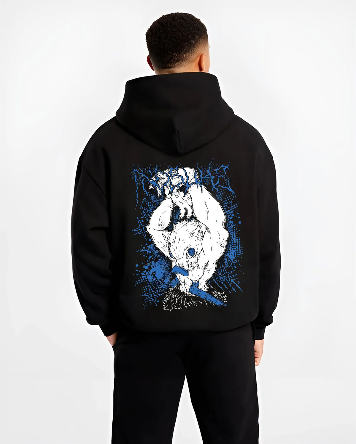Black hoodie model back view showing Inosuke Hashibira from Demon Slayer: upside-down boar mask