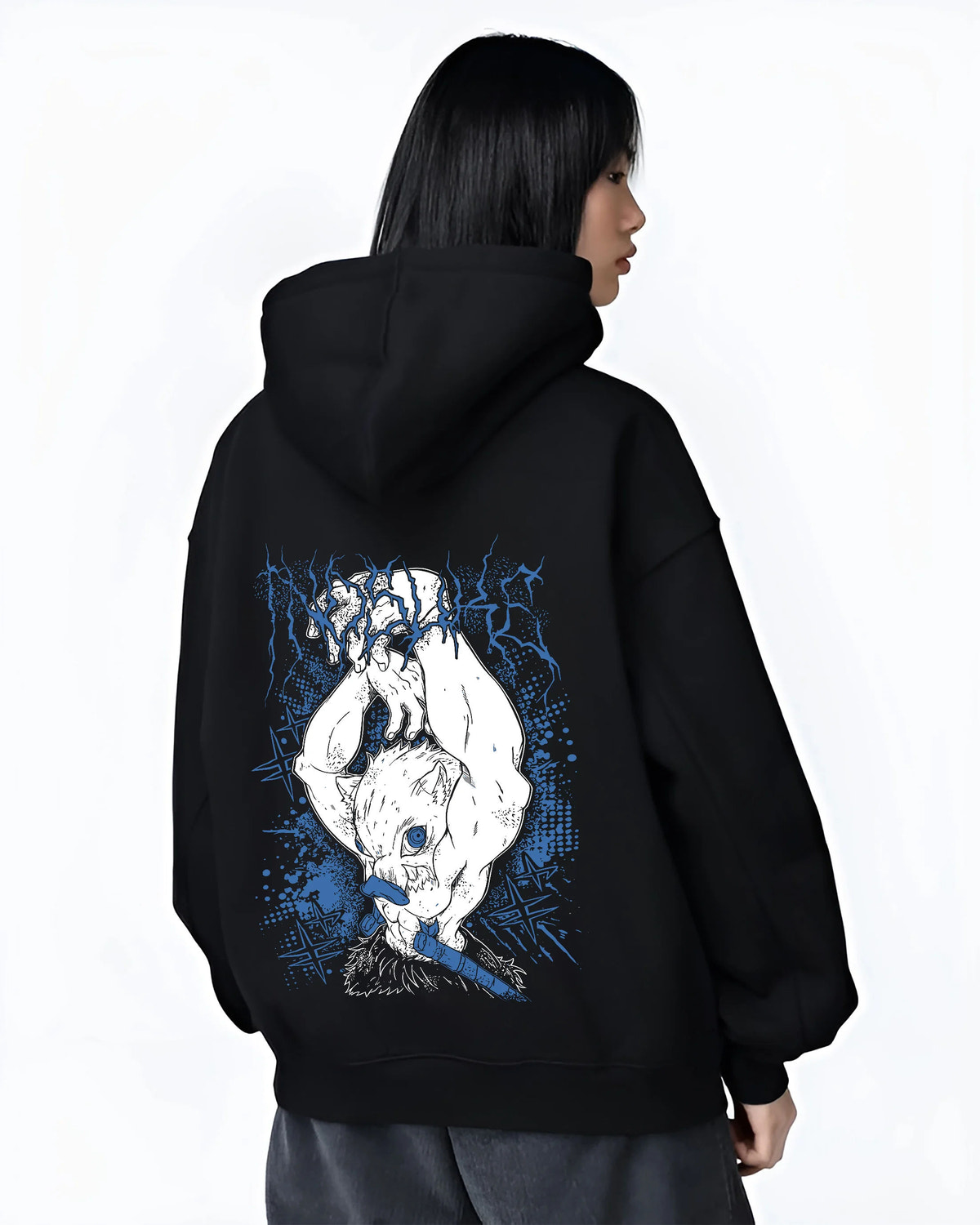 Black hoodie female model back view showing Inosuke Hashibira from Demon Slayer: upside-down boar mask
