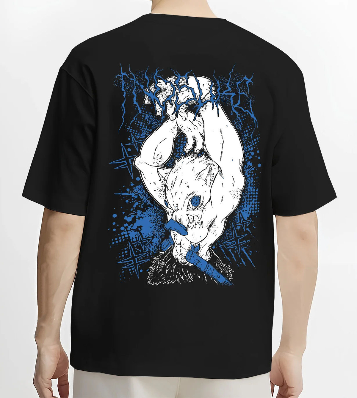 Black T-shirt model back view showing Inosuke Hashibira from Demon Slayer: upside-down boar mask