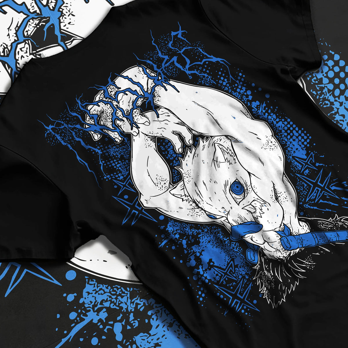 Black T-shirt flat back view showing Inosuke Hashibira from Demon Slayer: upside-down boar mask