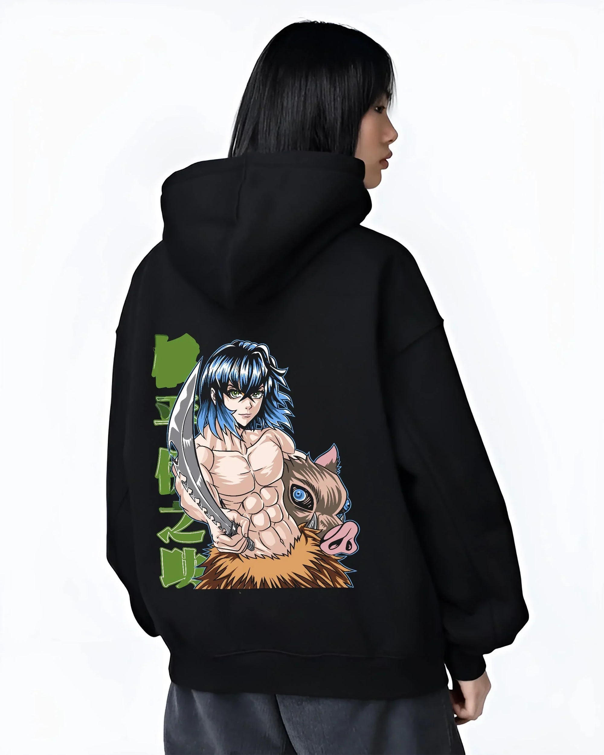 Black hoodie worn by female model, back view with Demon Slayer Hoodie Inosuke Hashibira Strong Jumper graphic premium wear.
